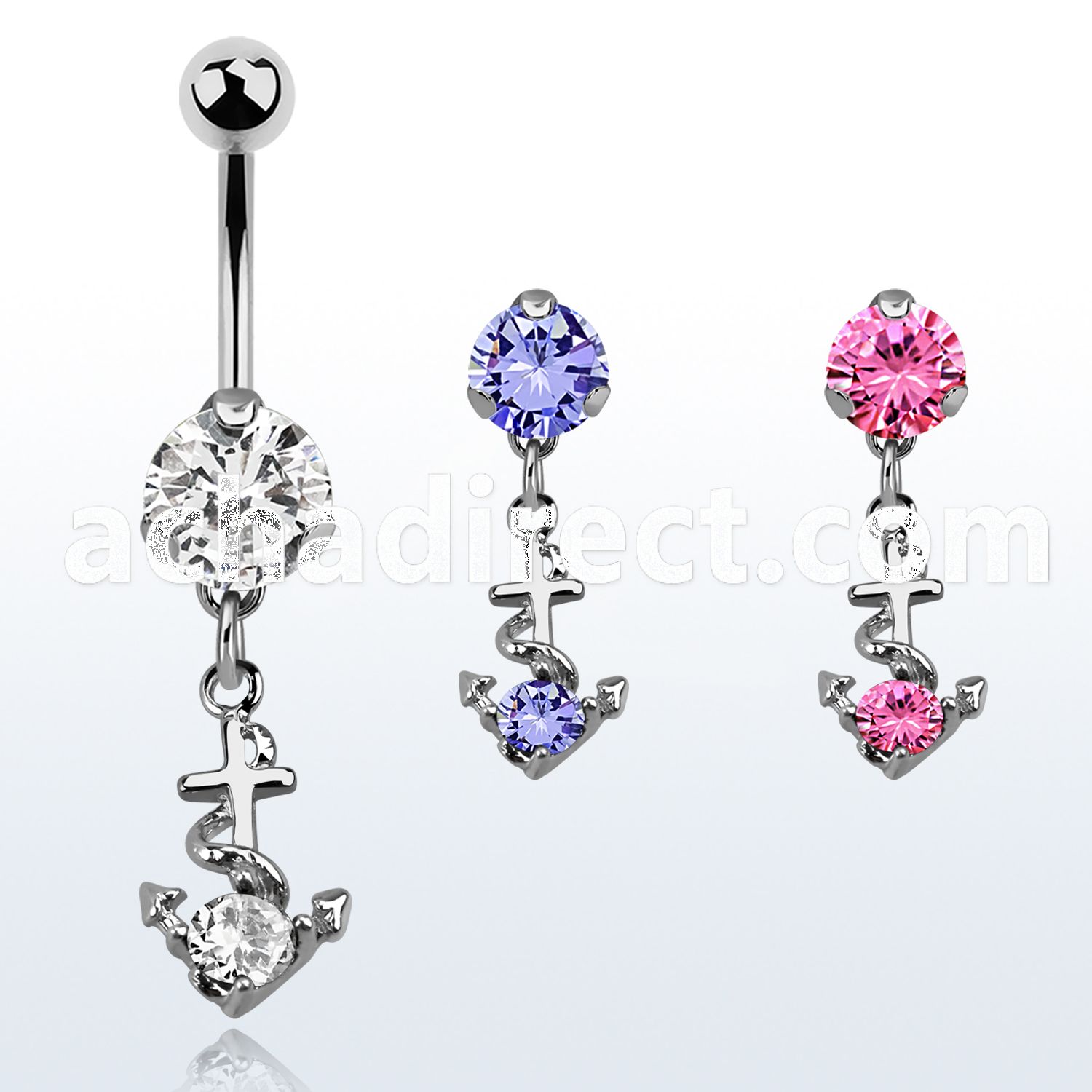 bnrz371 casted steel cz belly banana w anchor design w round cz