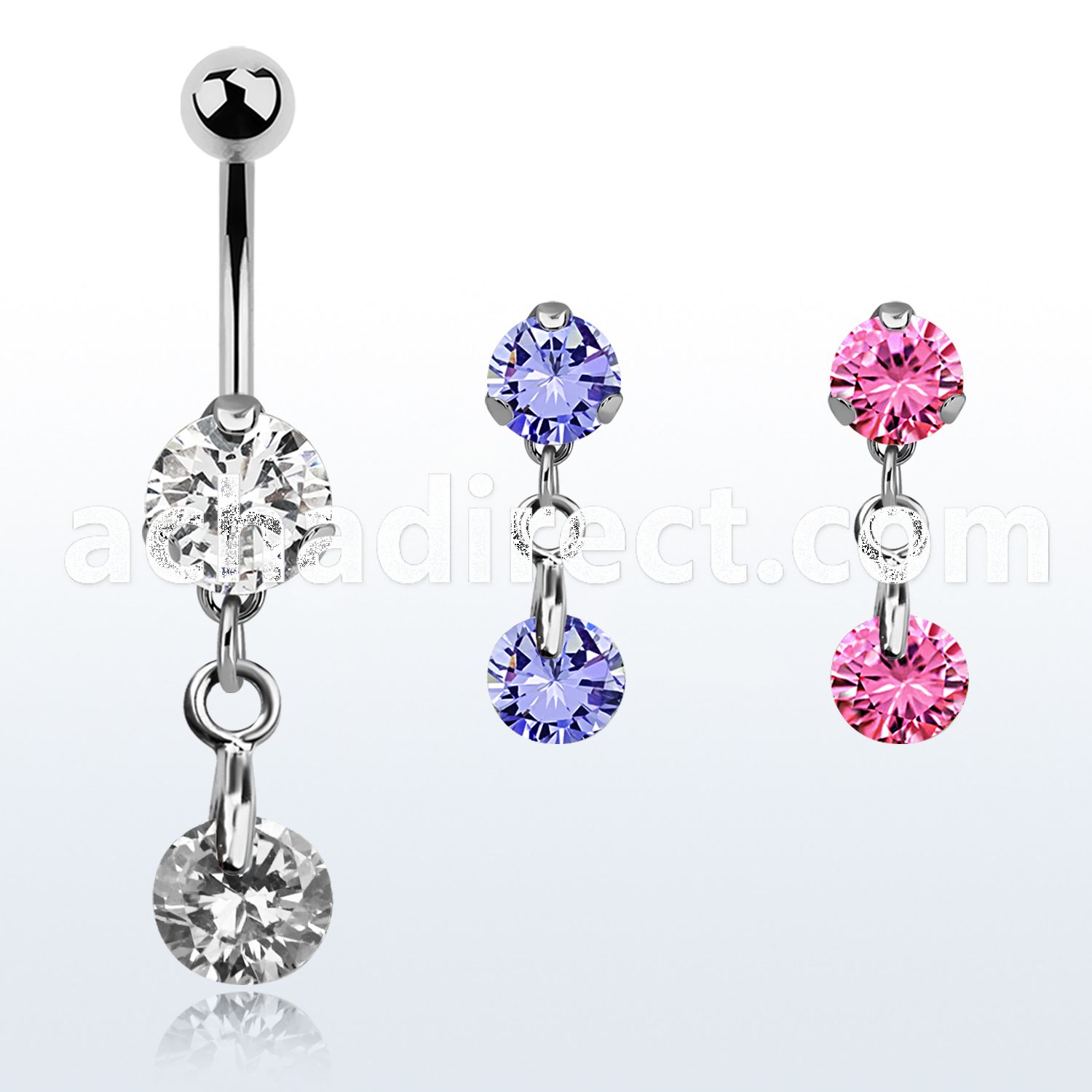 bnrz372 casted steel cz belly banana w dangling round cz stone