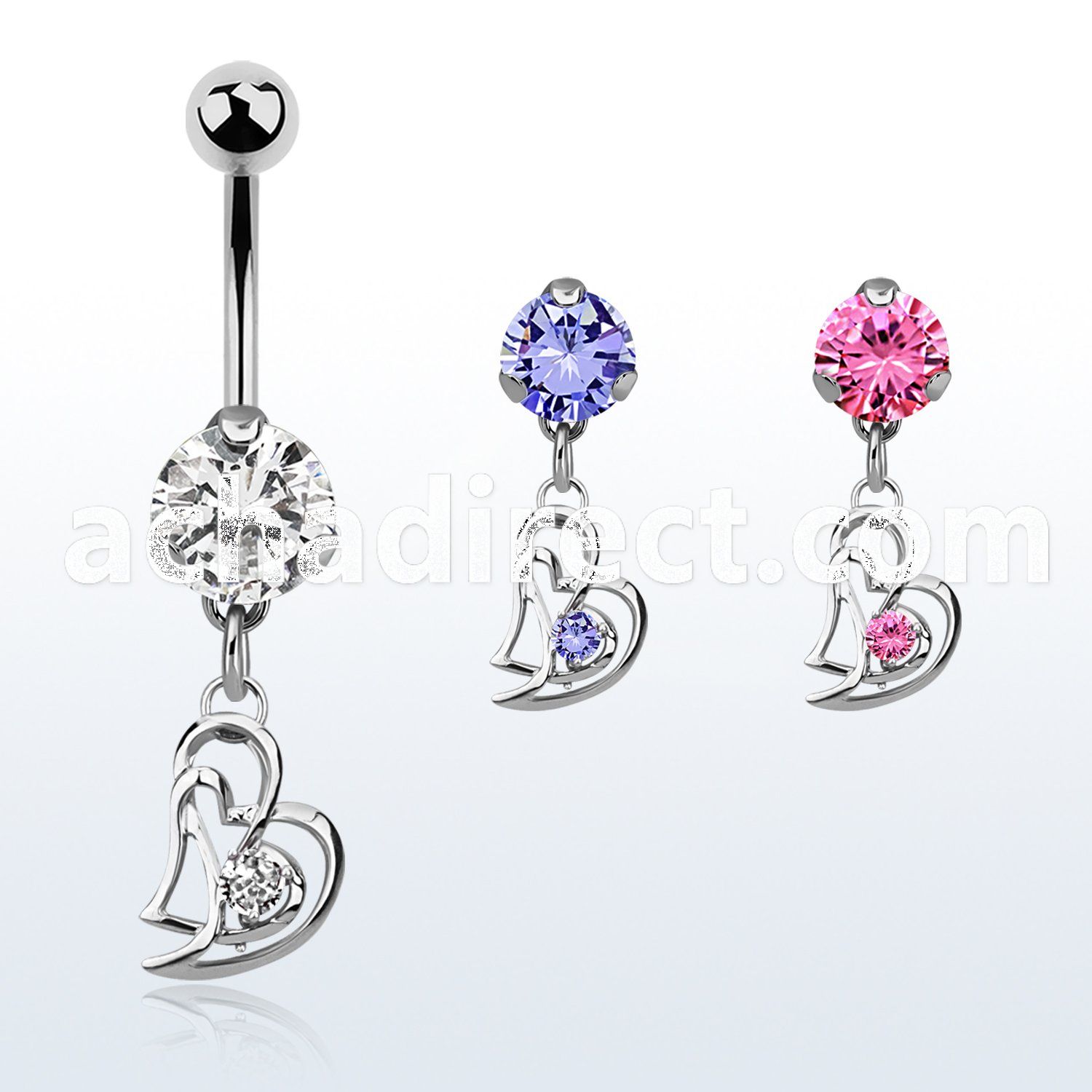 bnrz373 casted steel cz belly banana w double heart w round cz