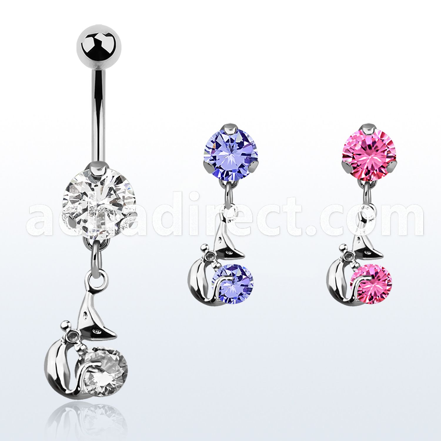 bnrz378 casted steel cz belly banana w lady cat design round cz