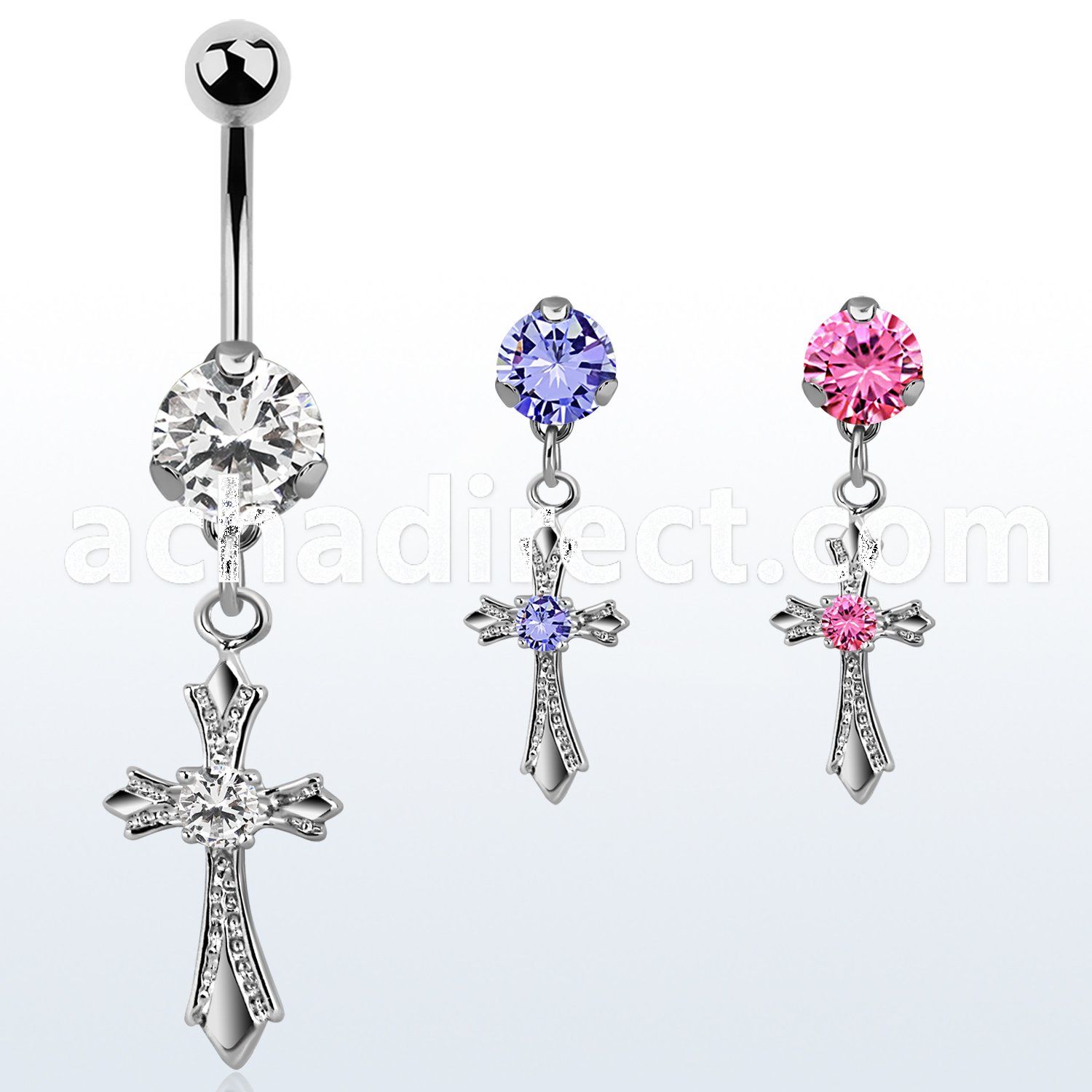 bnrz379 casted steel cz belly banana w vintage style cross w cz