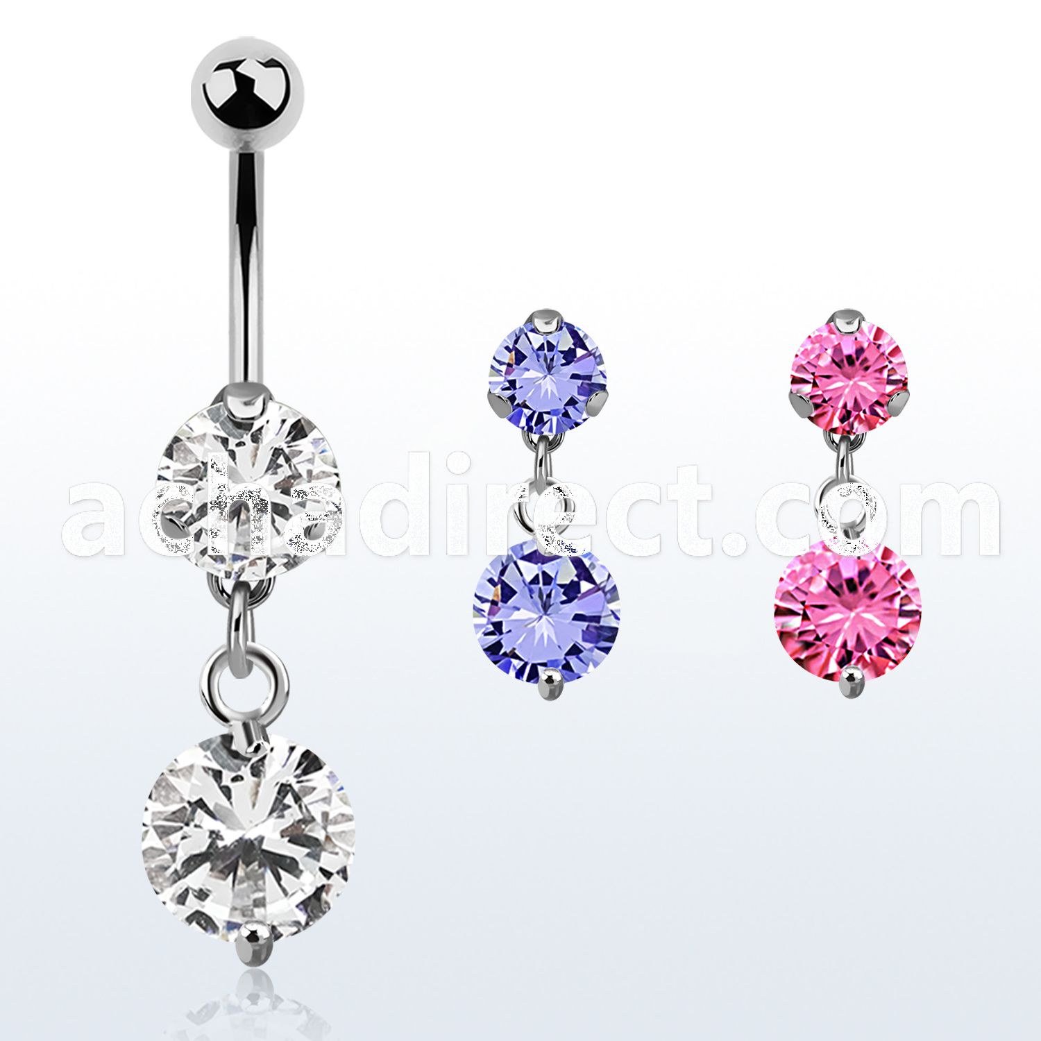 bnrz383 casted steel cz belly banana w twin prong set 10mm cz