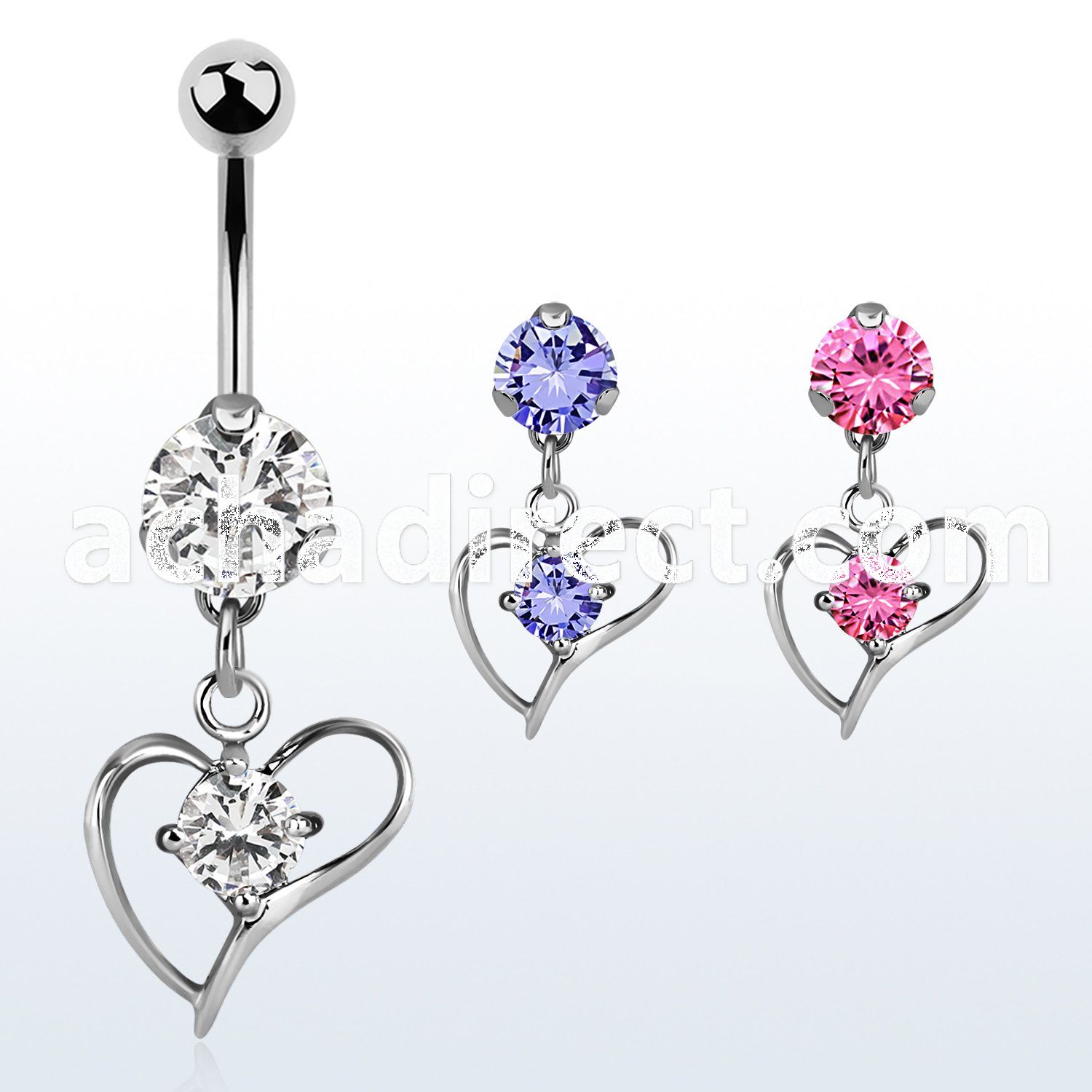 bnrz391 casted steel cz belly banana w heart w prong set cz 
