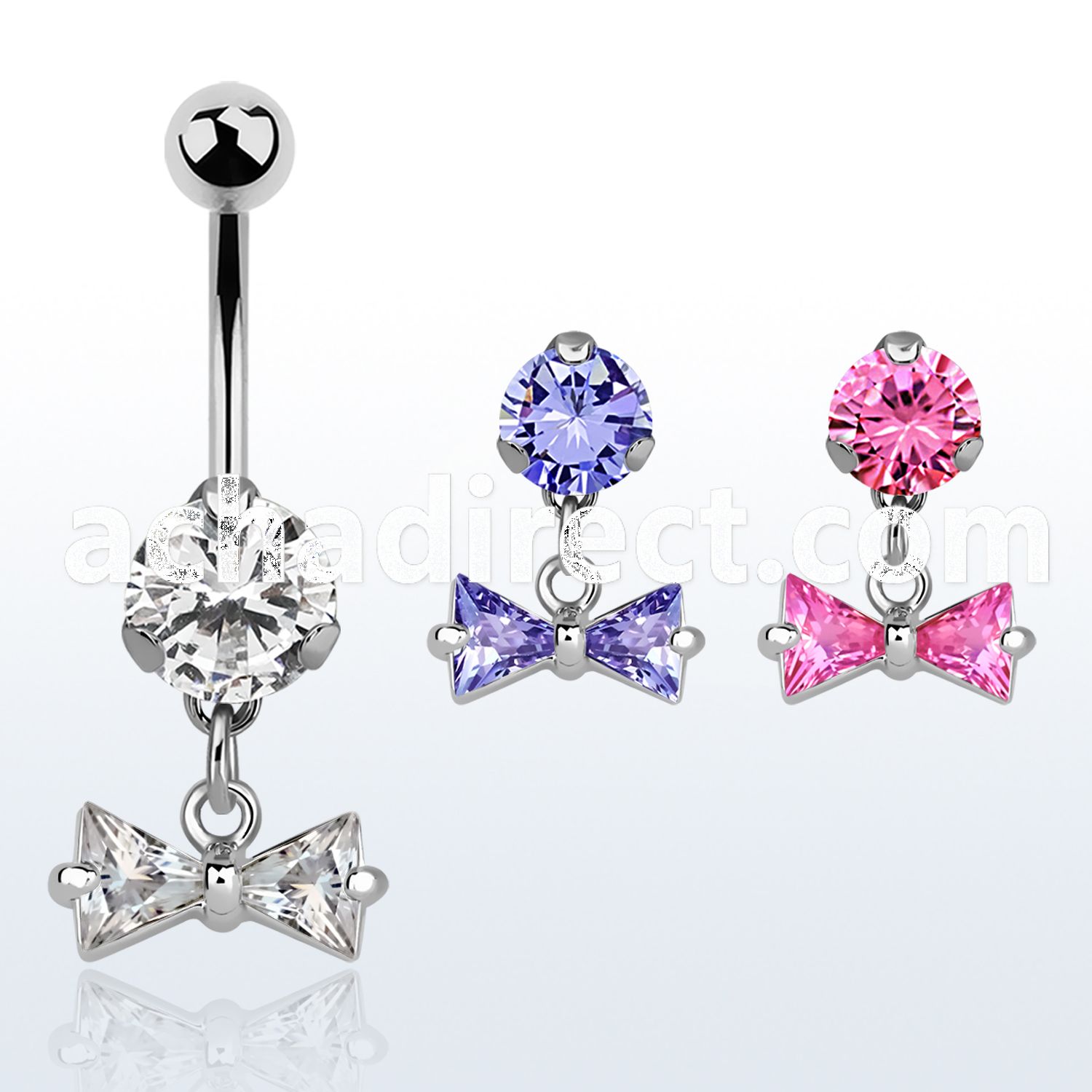 bnrz408 casted steel cz belly banana w dangling prong set cz bow
