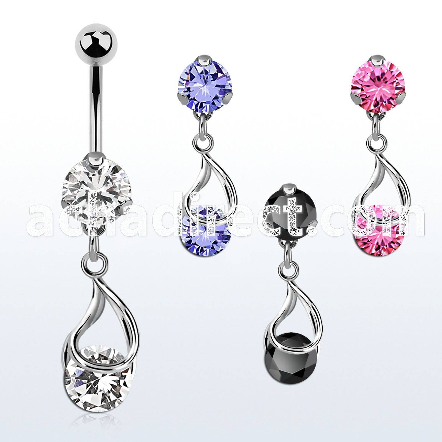 bnrz416 casted steel cz belly banana w snap fit cz stone 