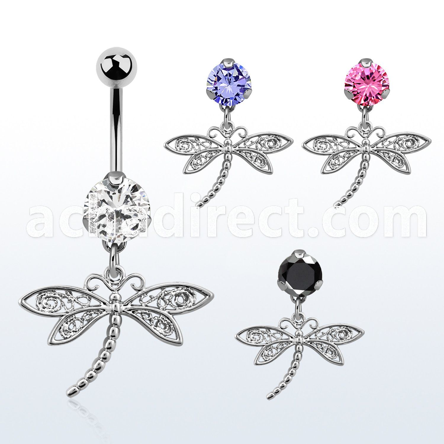 bnrz566 casted steel cz belly banana w dangling dragonfly