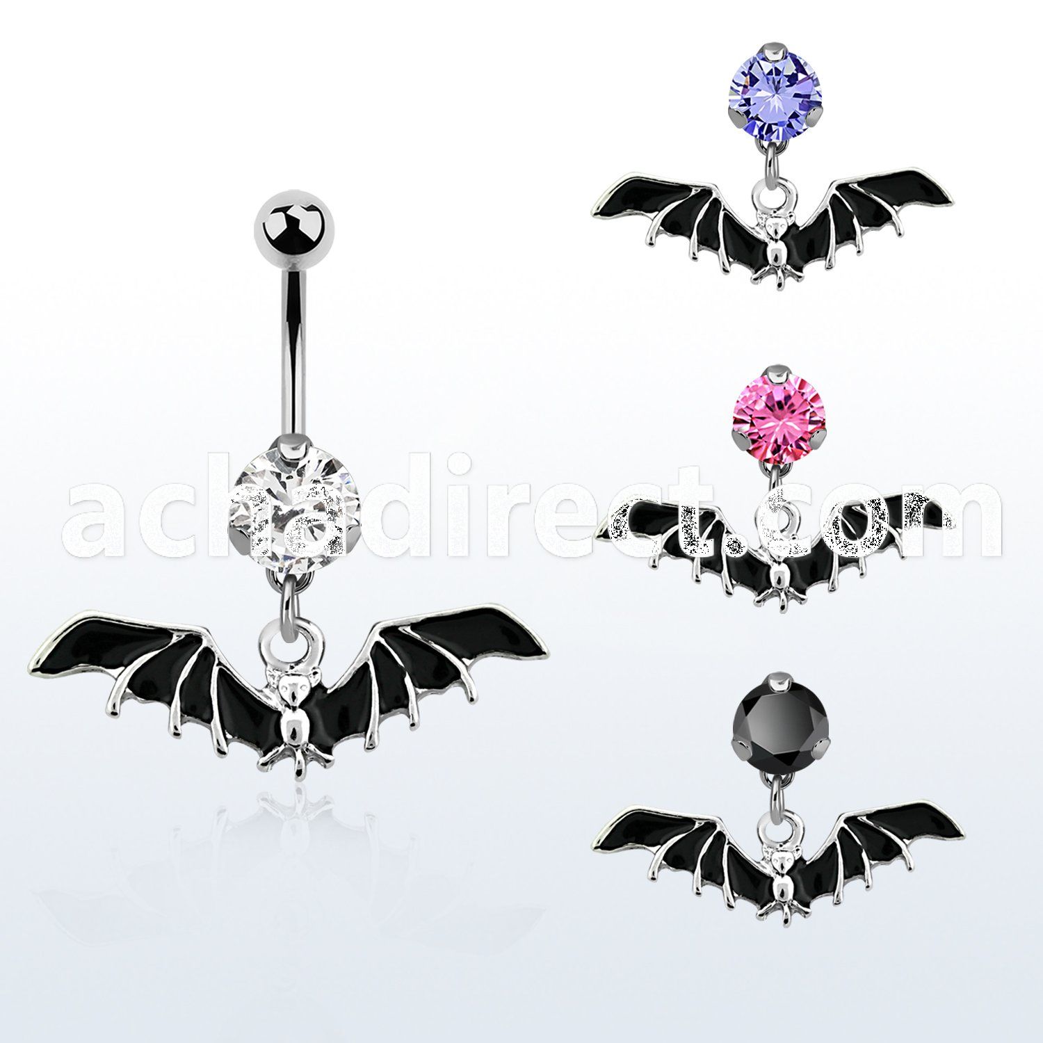 bnrz569 casted steel cz belly banana w dangling black bat