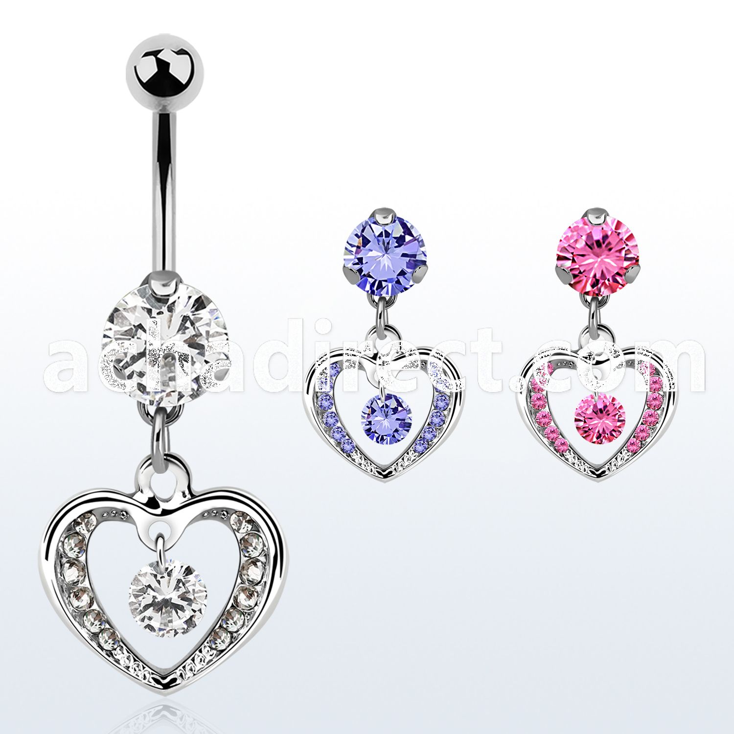bnrz571 casted steel cz belly banana w round cz in heart shape