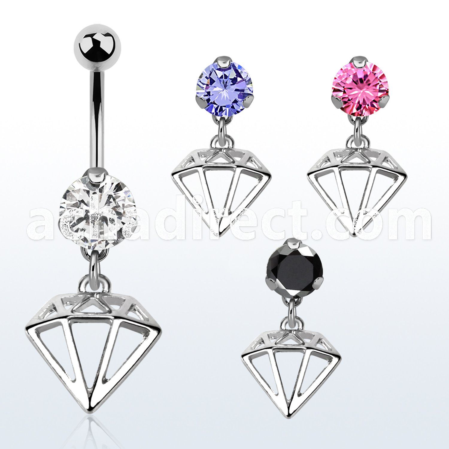 bnrz575 casted steel cz belly banana w dangling diamond shaped