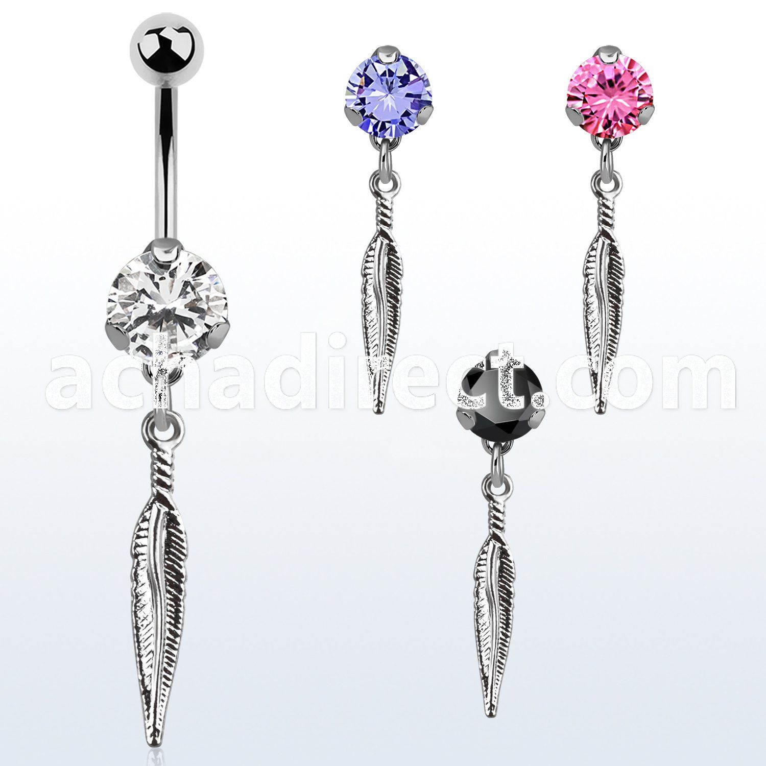 bnrz583 casted steel cz belly banana w dangling small feather