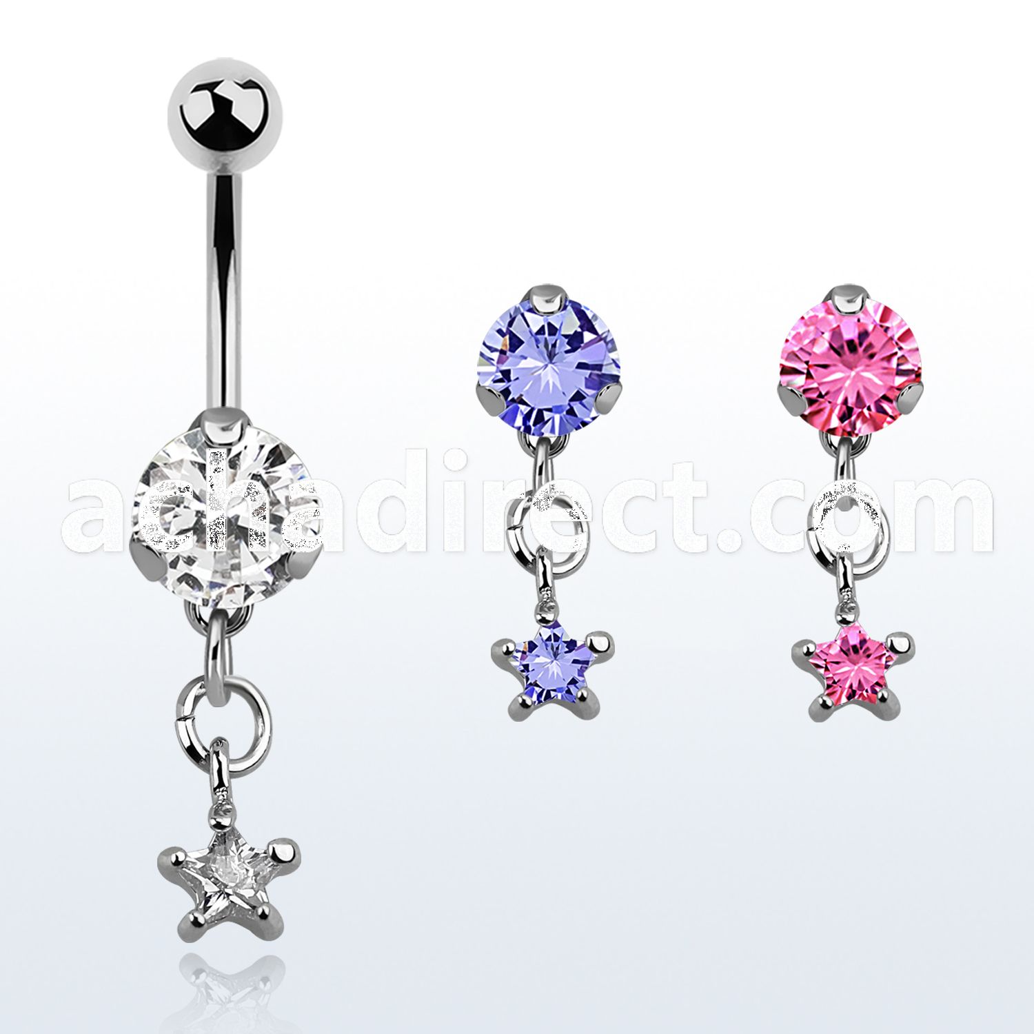 bnrz585 casted steel cz belly banana w prong set star shaped cz