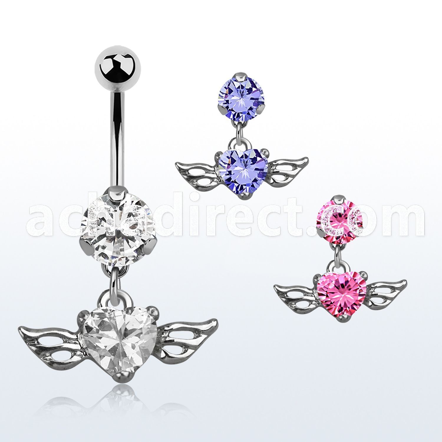 bnrz586 casted steel cz belly banana w heart shaped cz w wings