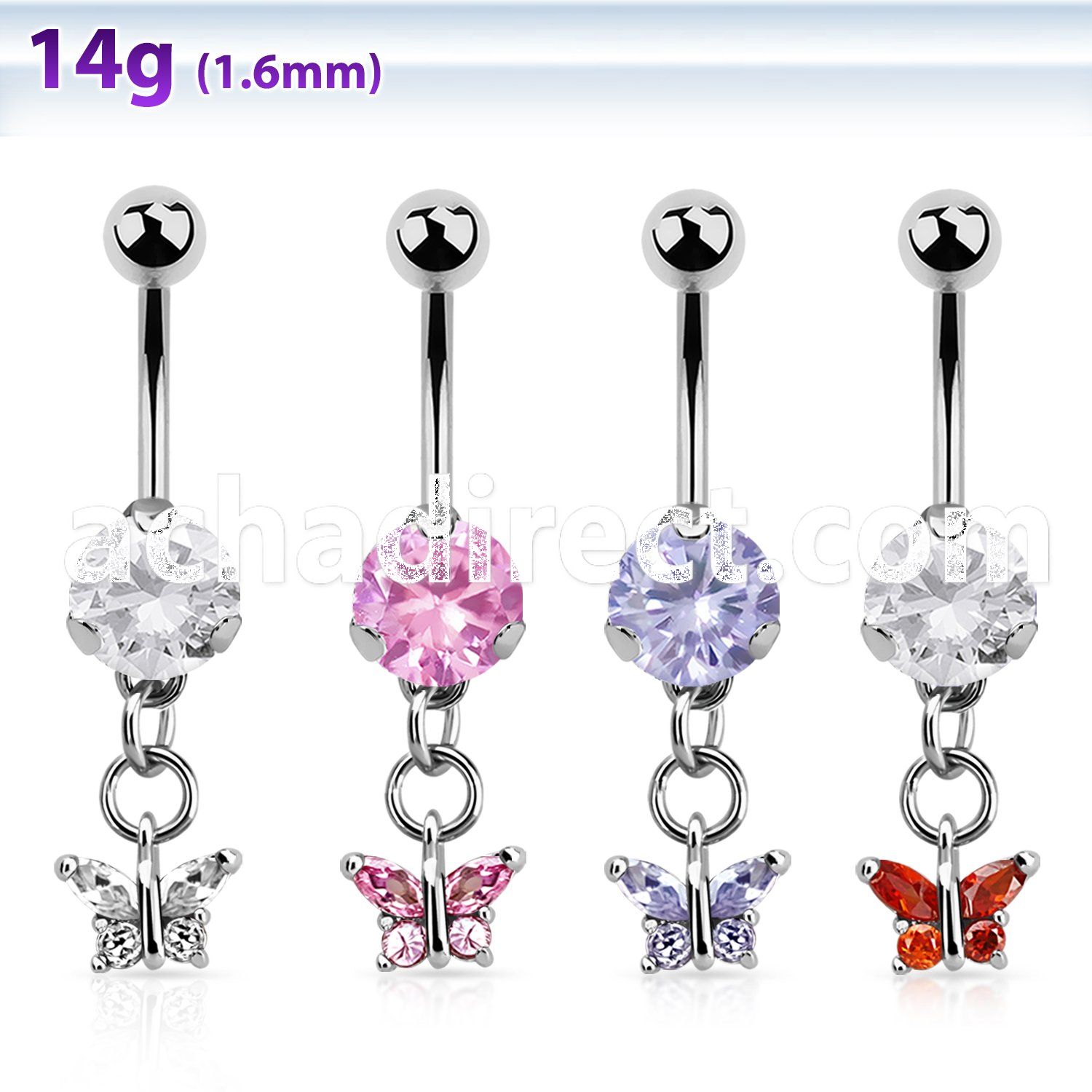 bnrz589 casted steel cz belly banana w small butterfly w cz