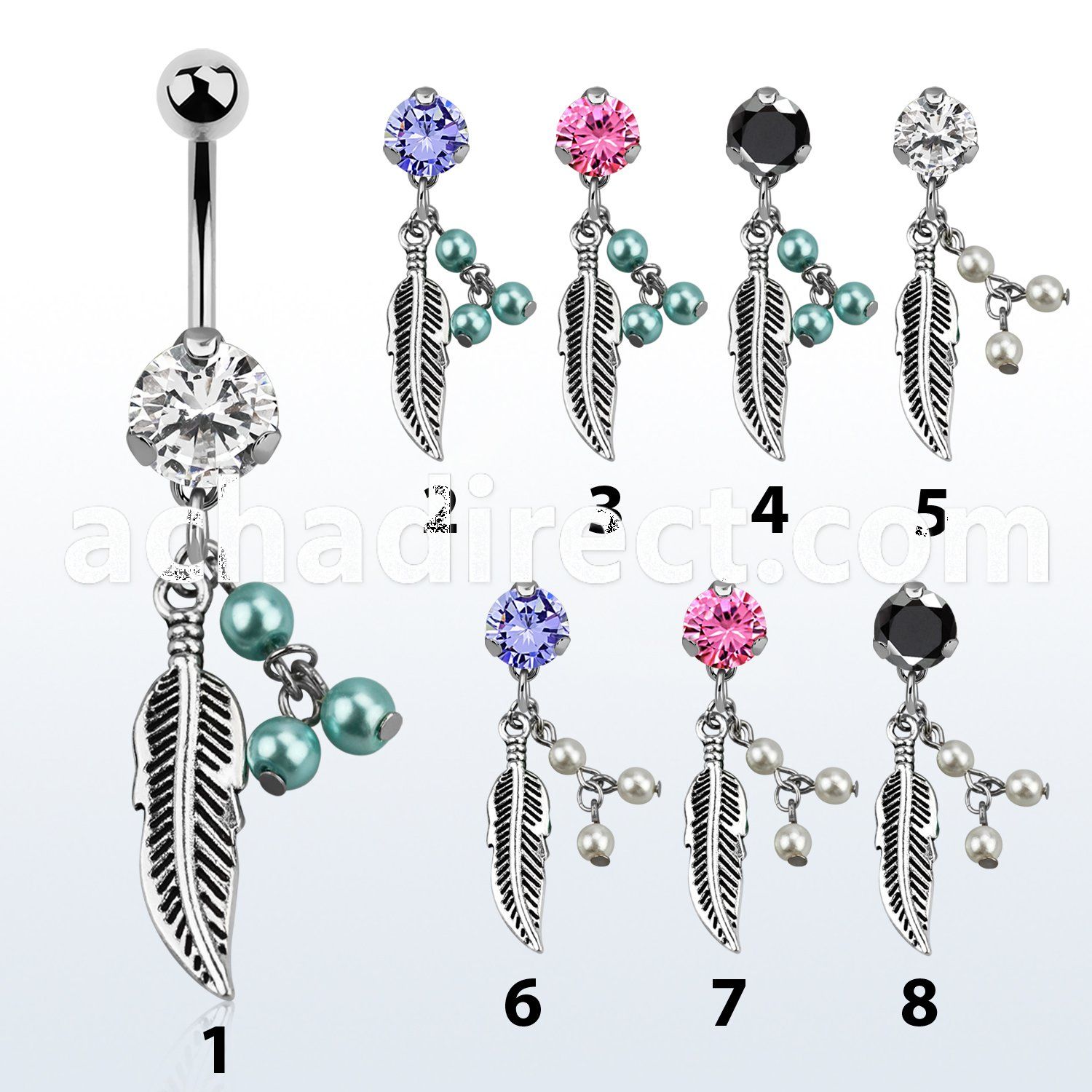 bnrz601 casted steel cz belly banana w feather w 3 faux pearls