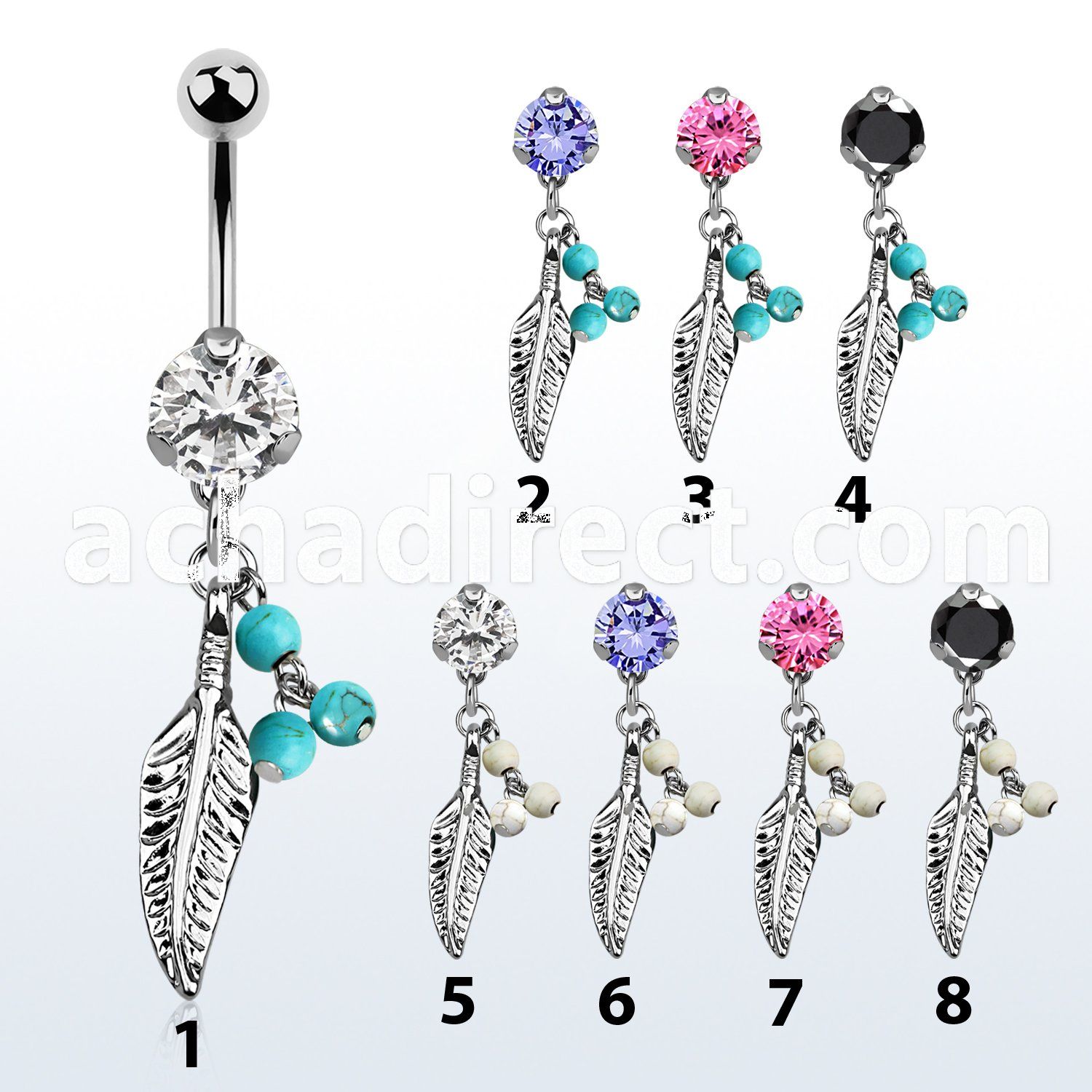 bnrz601b casted steel cz belly banana w feather faux turquoise