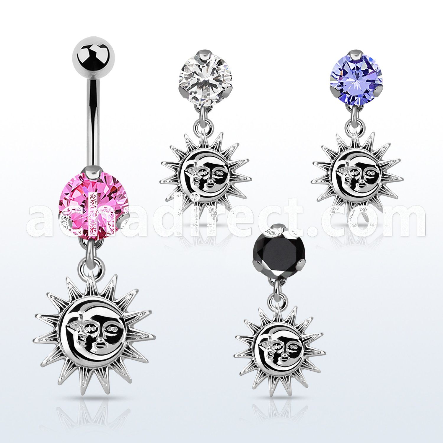 bnrz726 casted steel cz belly banana w dangling plain sun 