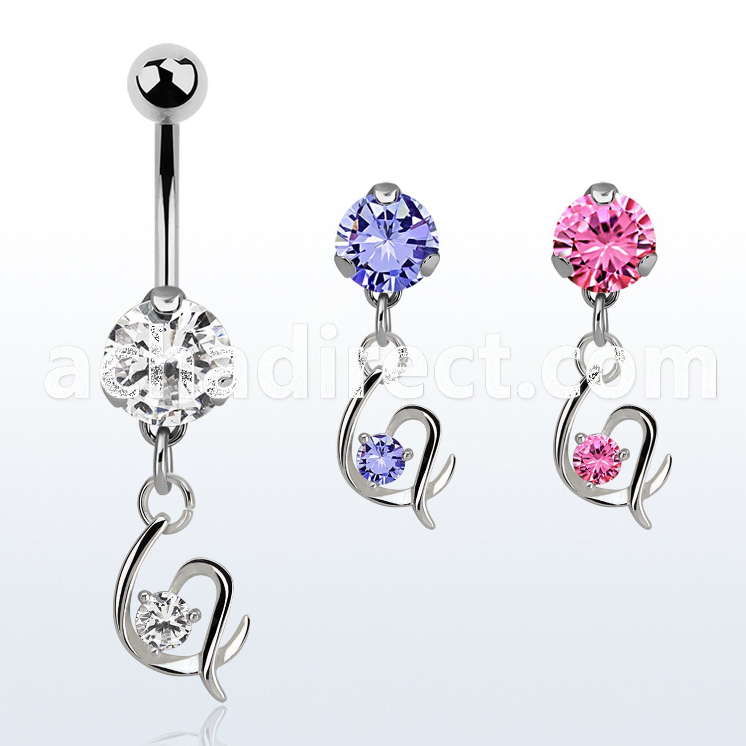 bnrz731 casted steel cz belly banana w fancy heart w single cz 