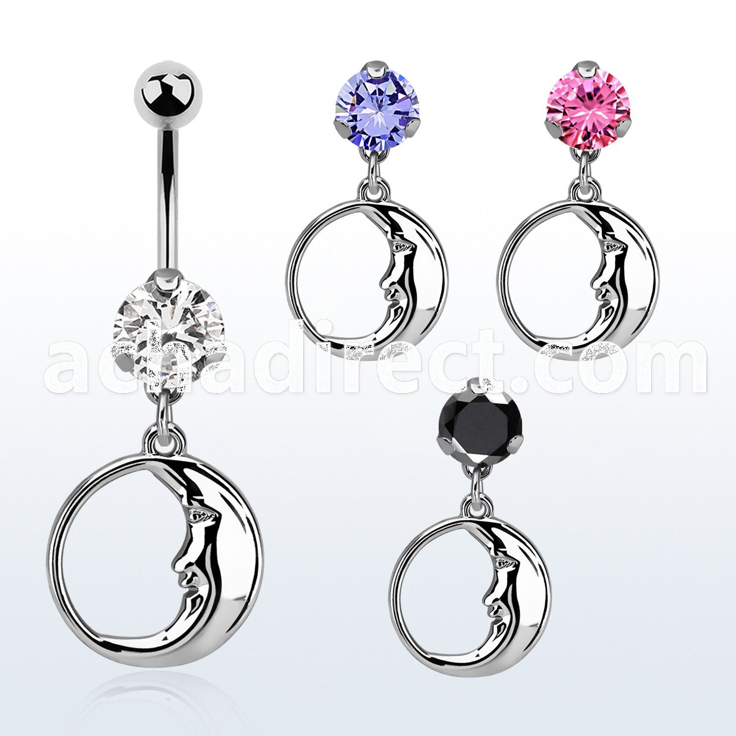 bnrz733 casted steel cz belly banana w dangling sleepy moon