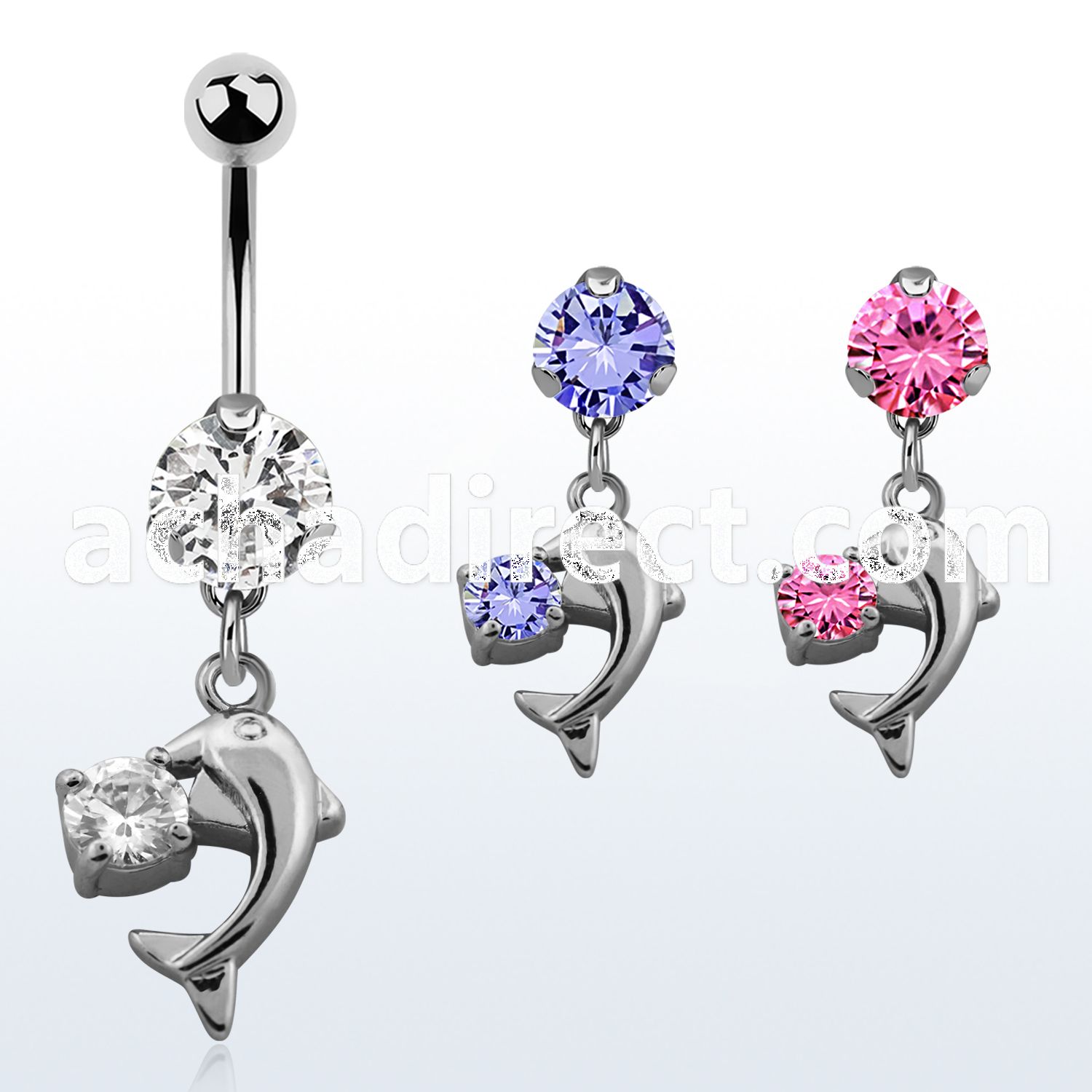 bnrz7x casted steel cz belly banana w small dolphin w round cz