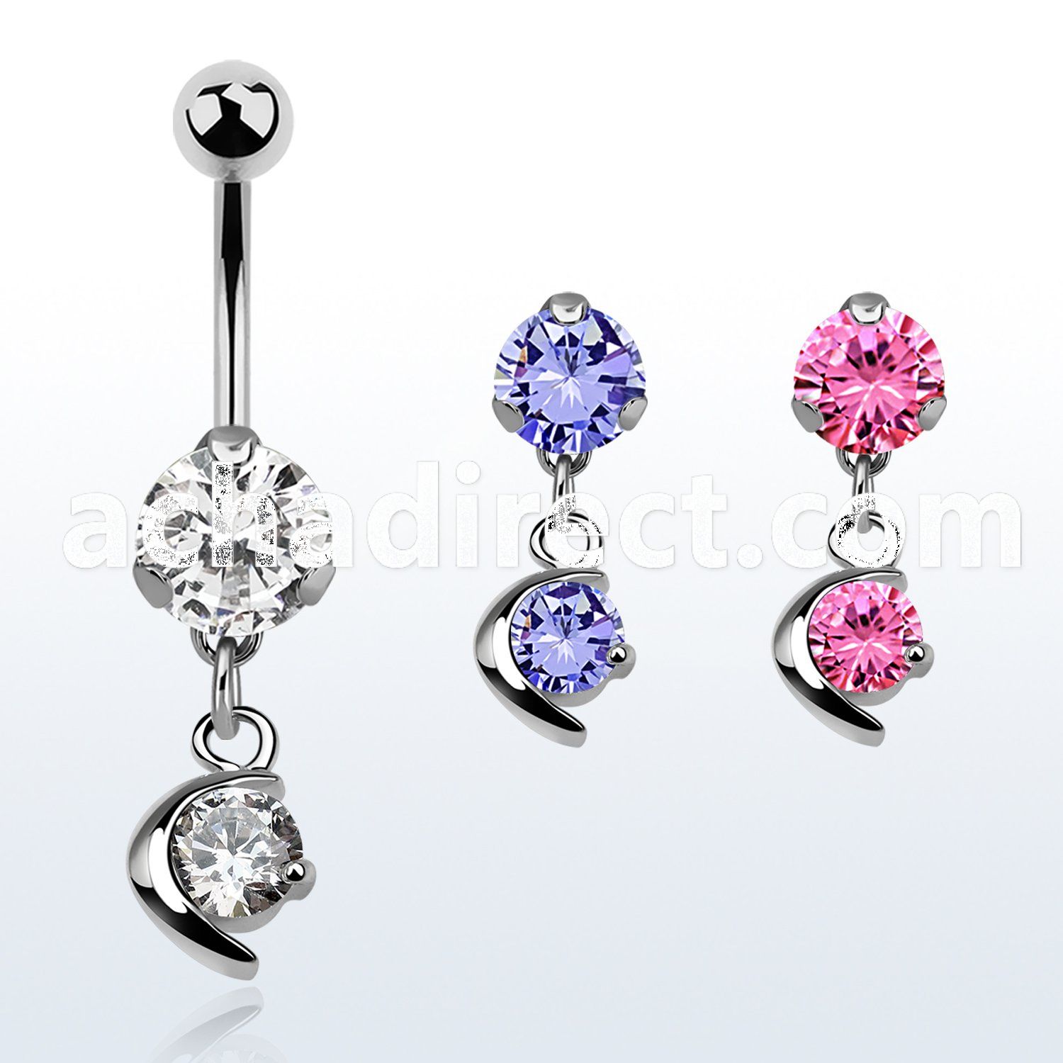 bnrz8 casted steel cz belly banana w moon w a round cz