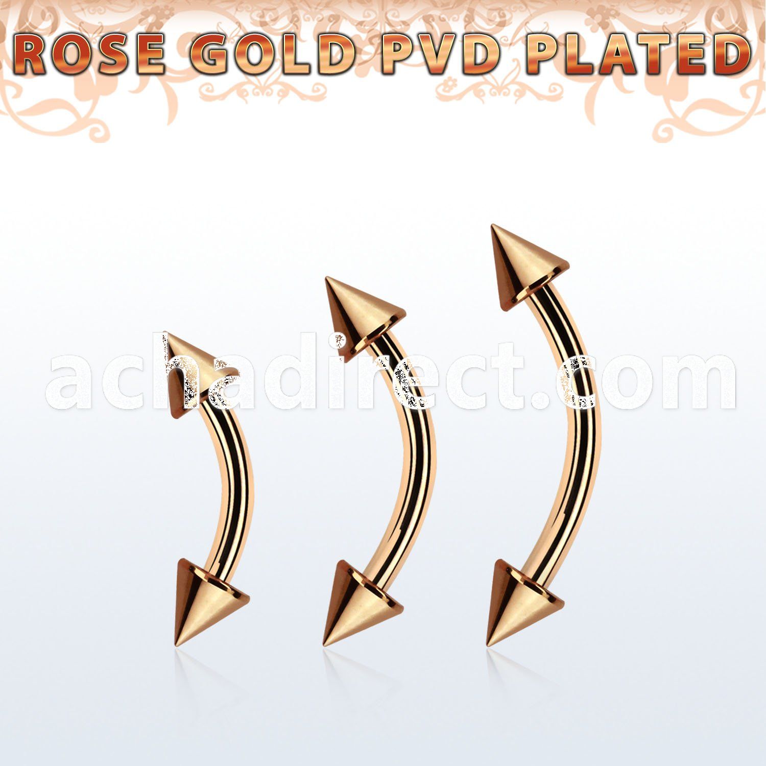 bnttcn4 rose gold steel eyebrow banana w 2 4mm cones