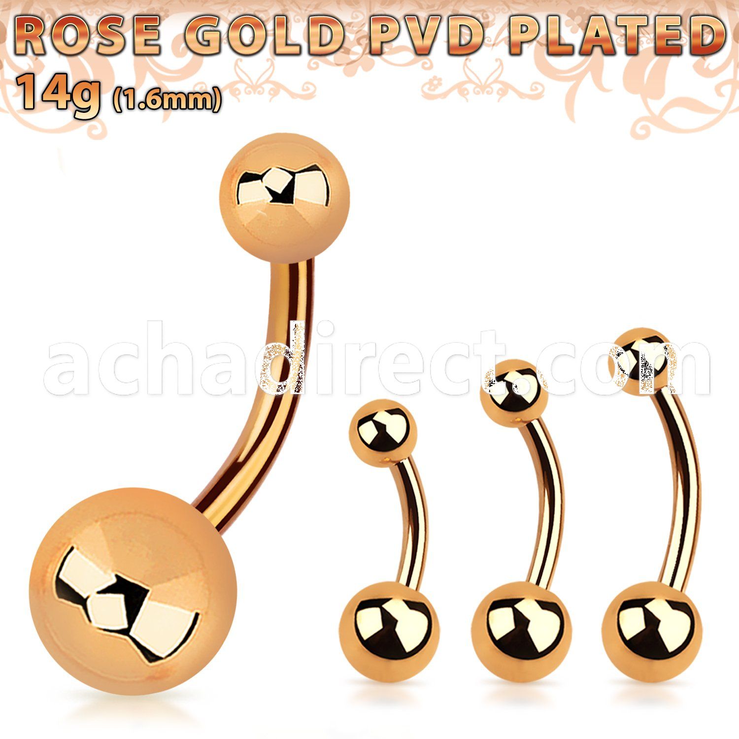 bnttg rose gold steel belly banana with 5mm 8mm balls