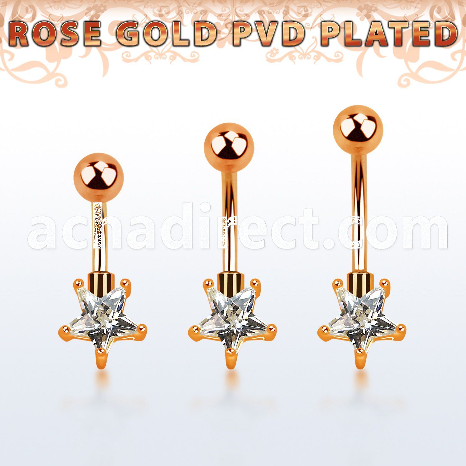 bnttstz rose gold steel belly banana w star shaped prong set cz