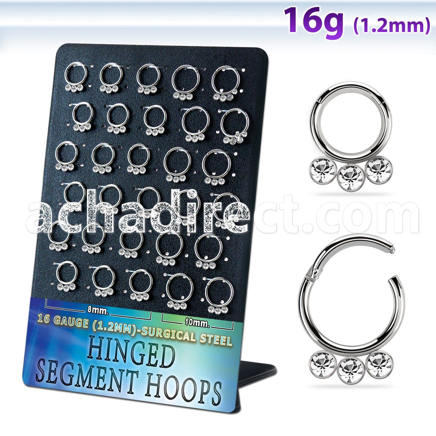 board w steel hinged segment rings 16g clear crystals