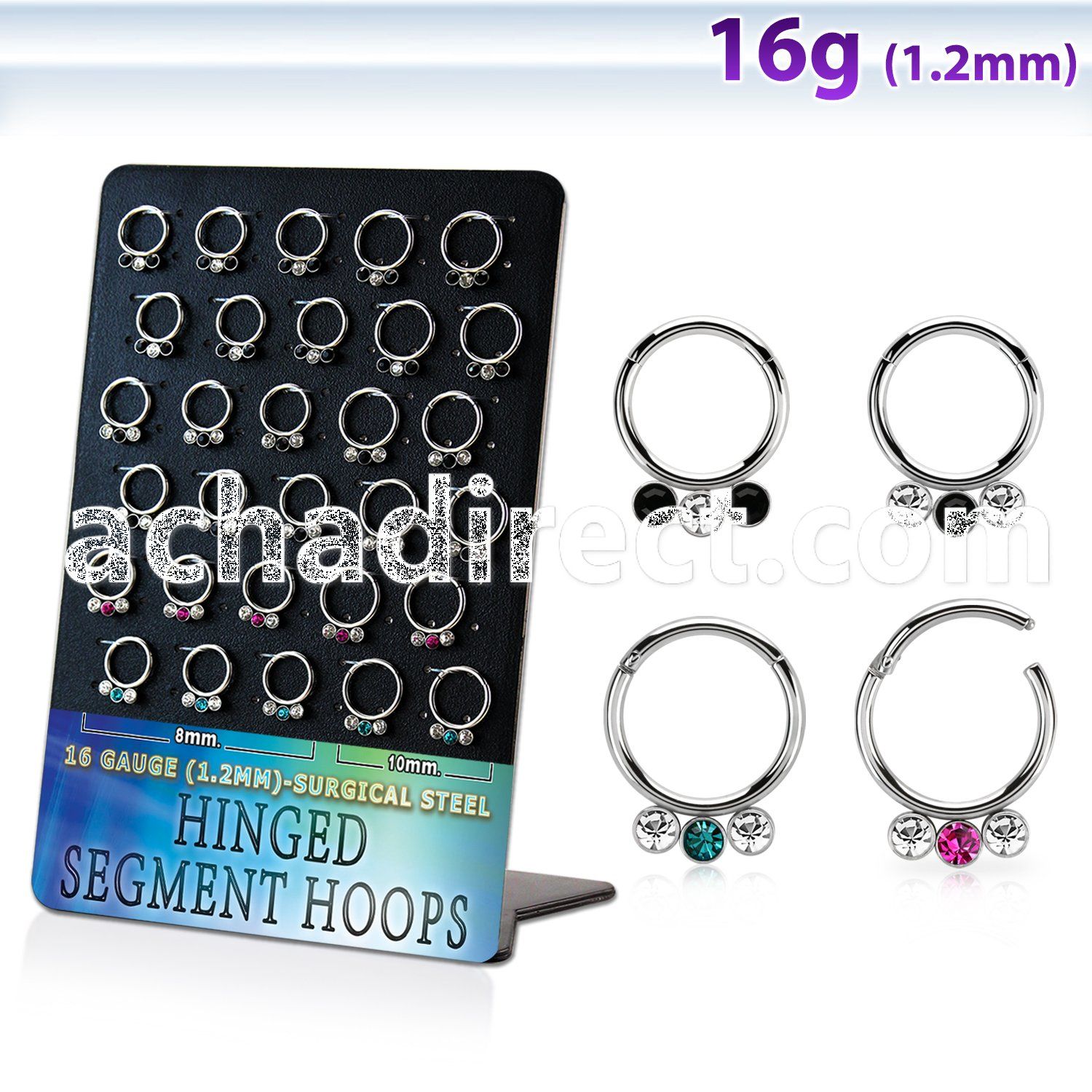 board w steel hinged segment rings w two color crystals 