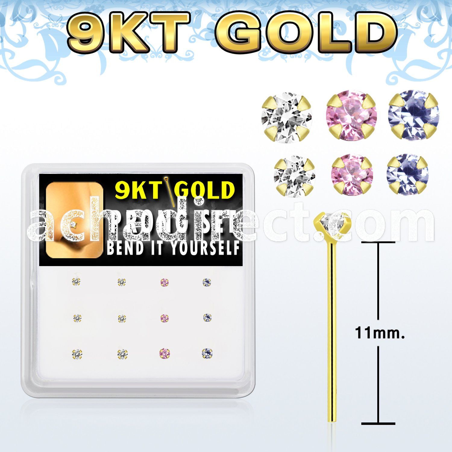 box  9kt gold bend it nose stud w 1.5 & 2mm color czs