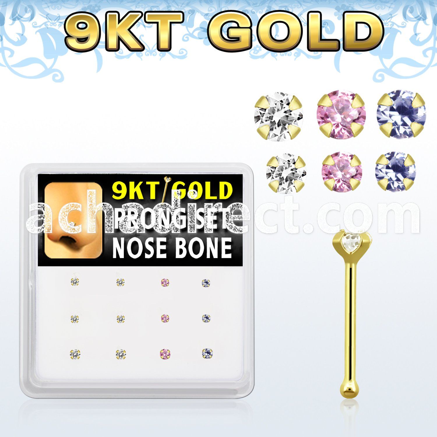 box  9kt gold nose bones w 1.5mm & 2mm prong set mix czs