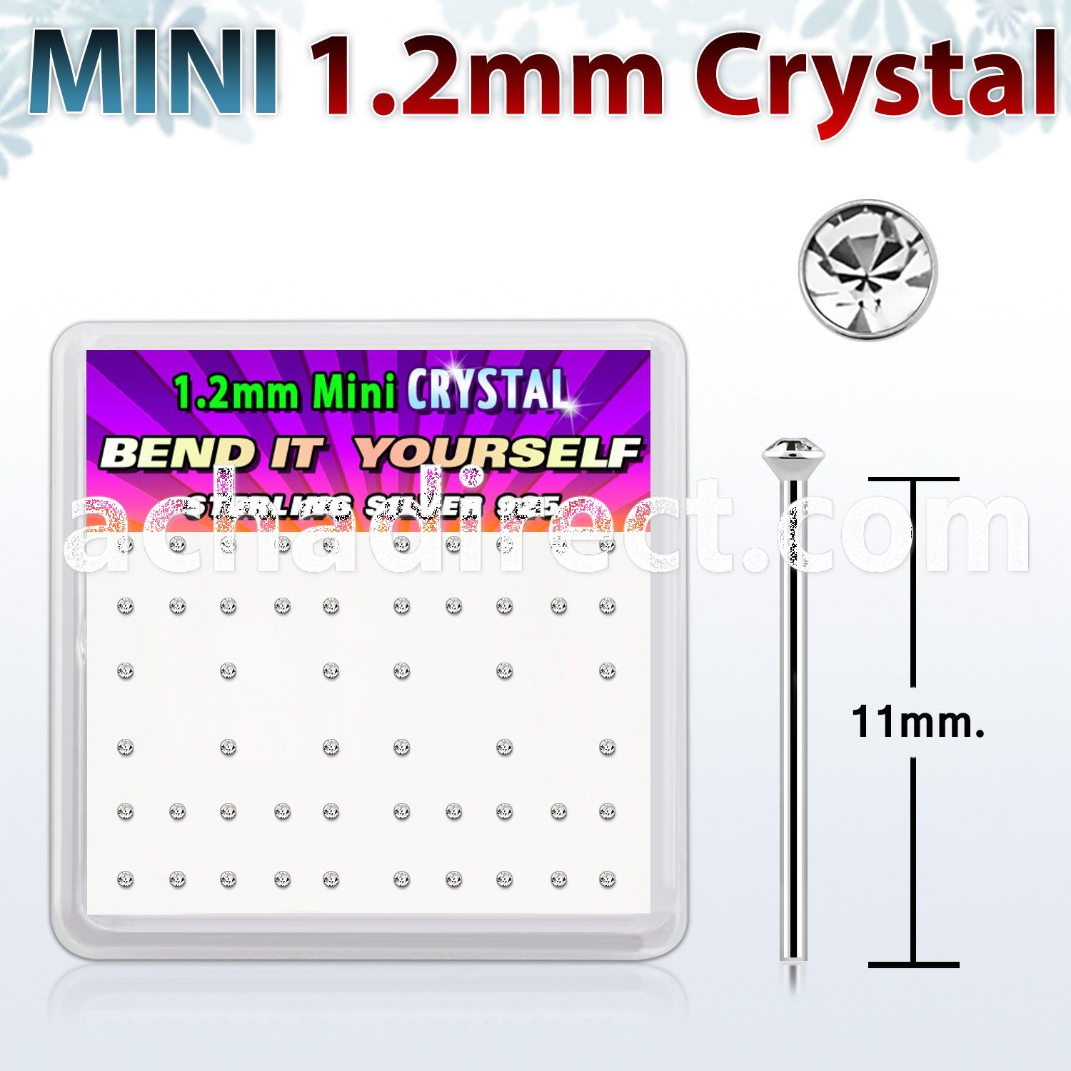 box silver bend it nose studs w 1.2mm clear crystals