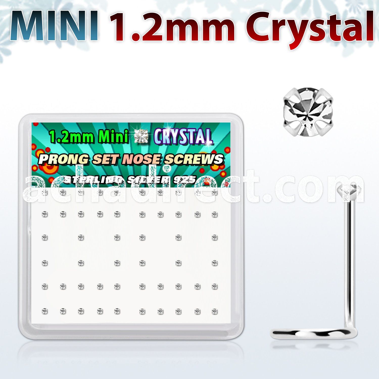 box silver nose scews w 1.2mm clear prong set crystals