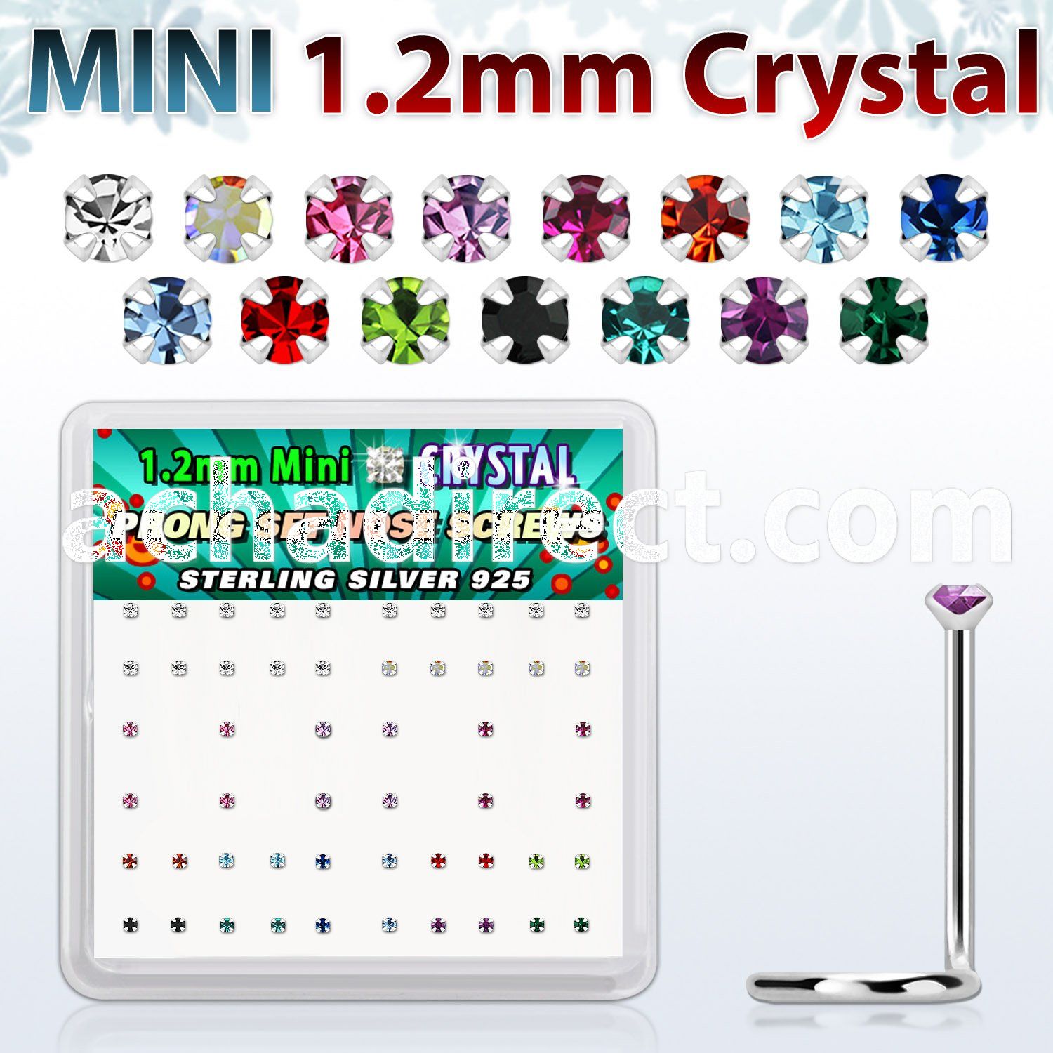 box silver nose scews w 1.2mm color prong set crystals