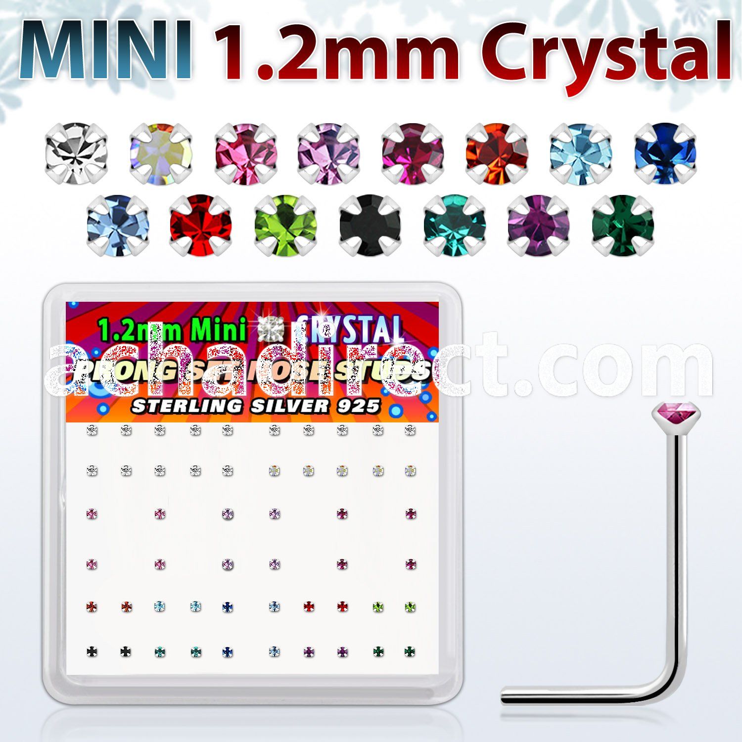 box silver nose studs w 1.2mm prong set color crystals