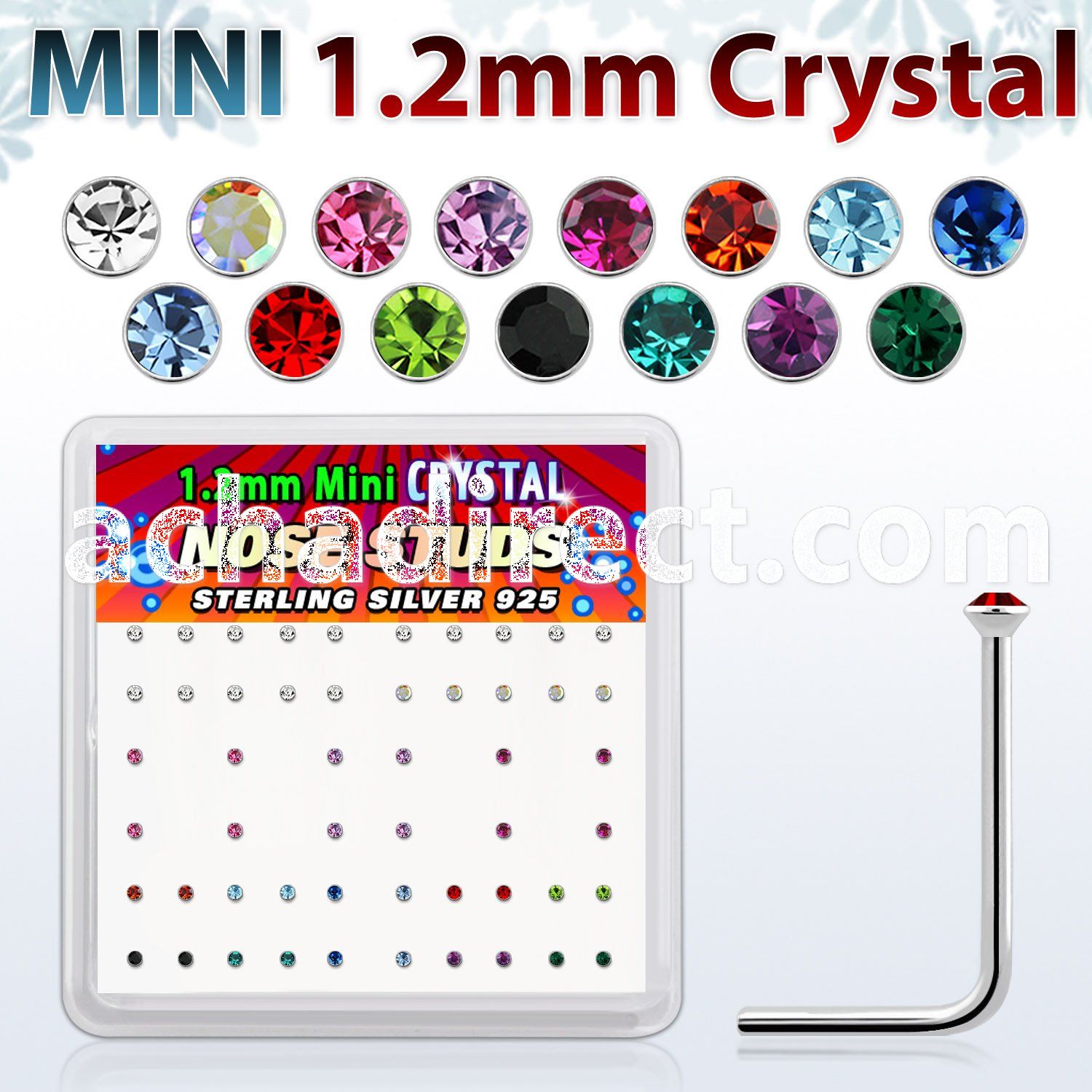 box silver nose studs w 1.2mm with color crystals