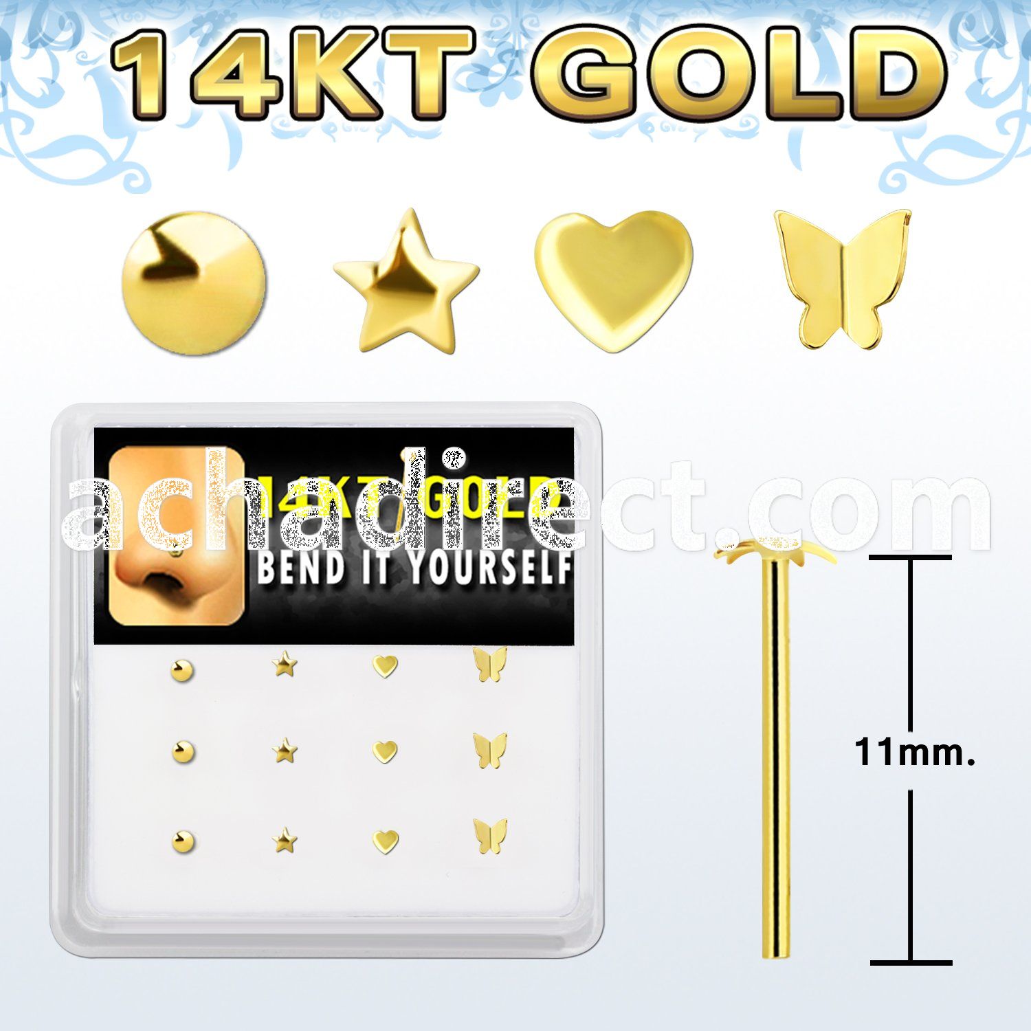 box w 12  14kt gold bend it nose stud w mixed shaped top 