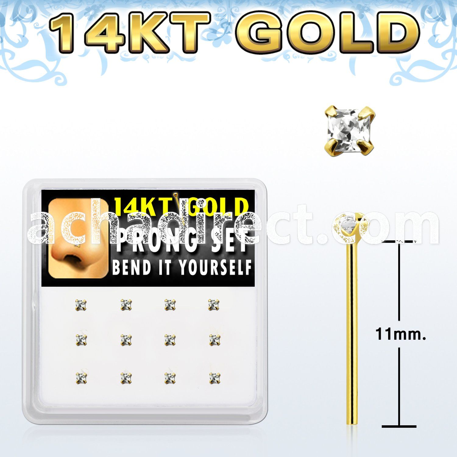 box w 12 14kt gold bend it nose studs w 2mm round czs 