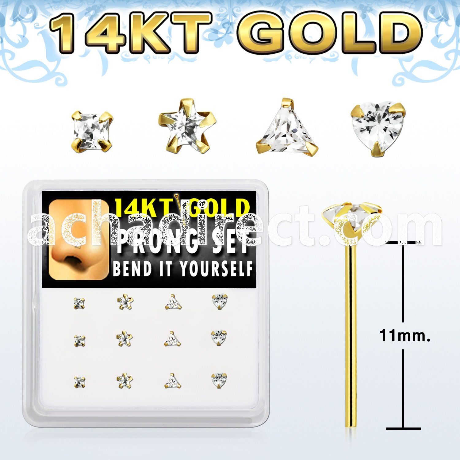 box w 12 14kt gold bend it nose studs w mixed shape czs