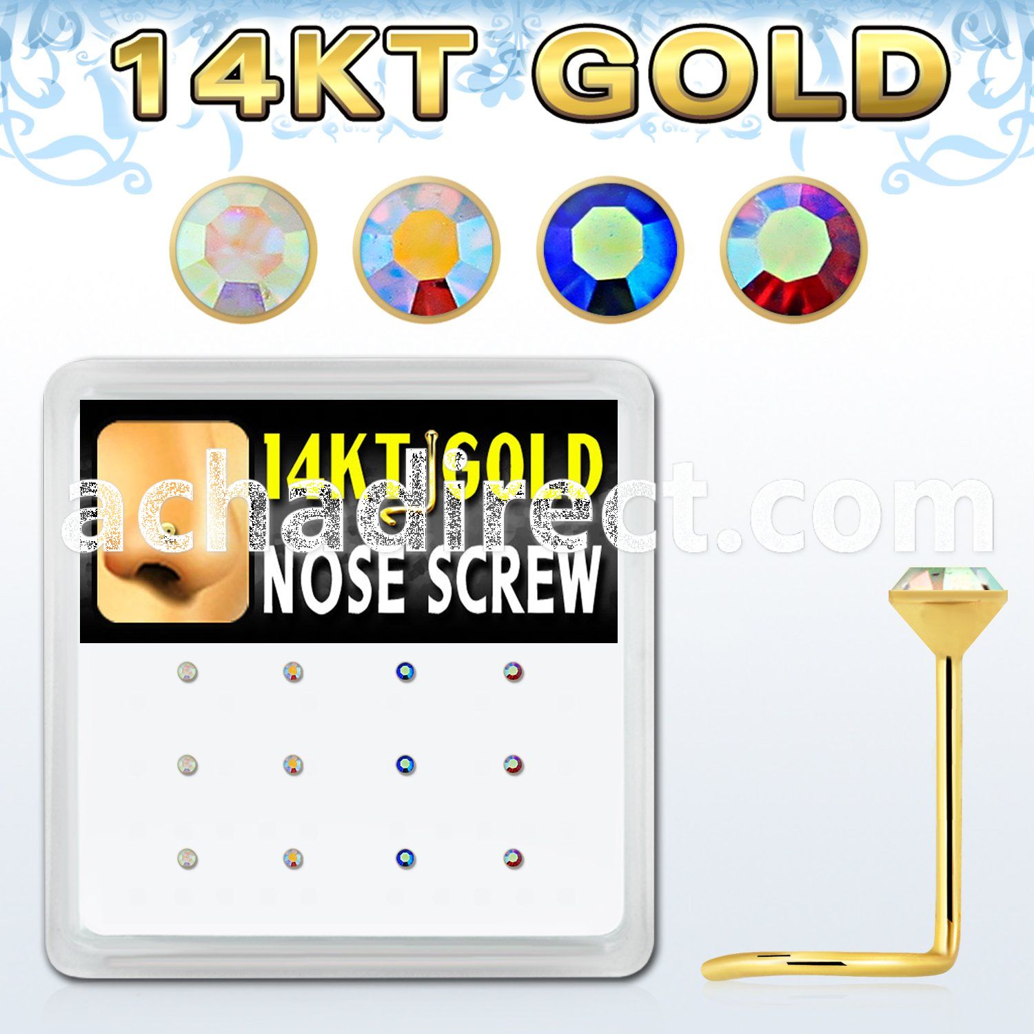box w 12 14kt gold nose screw w 1.5mm ab crystal tops 