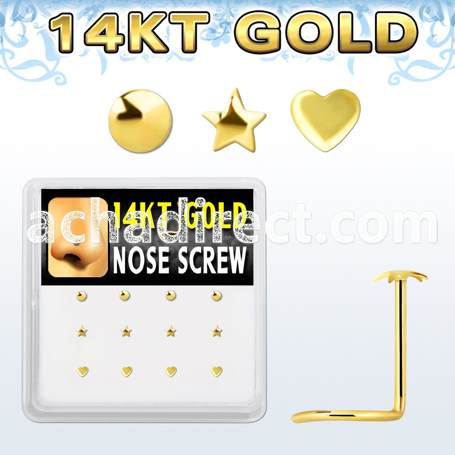 box w 12 14kt gold nose screws w assorted shaped tops 