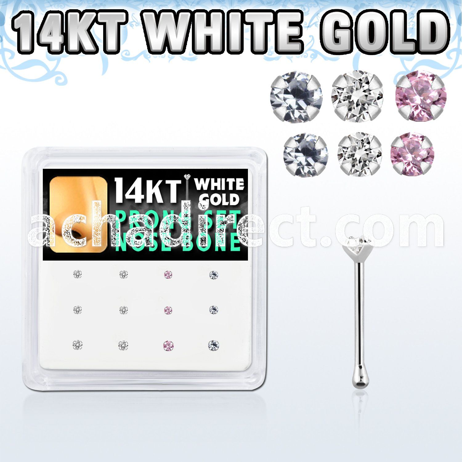 box w 12  white gold nose bones w 1.5 & 2mm mix color czs