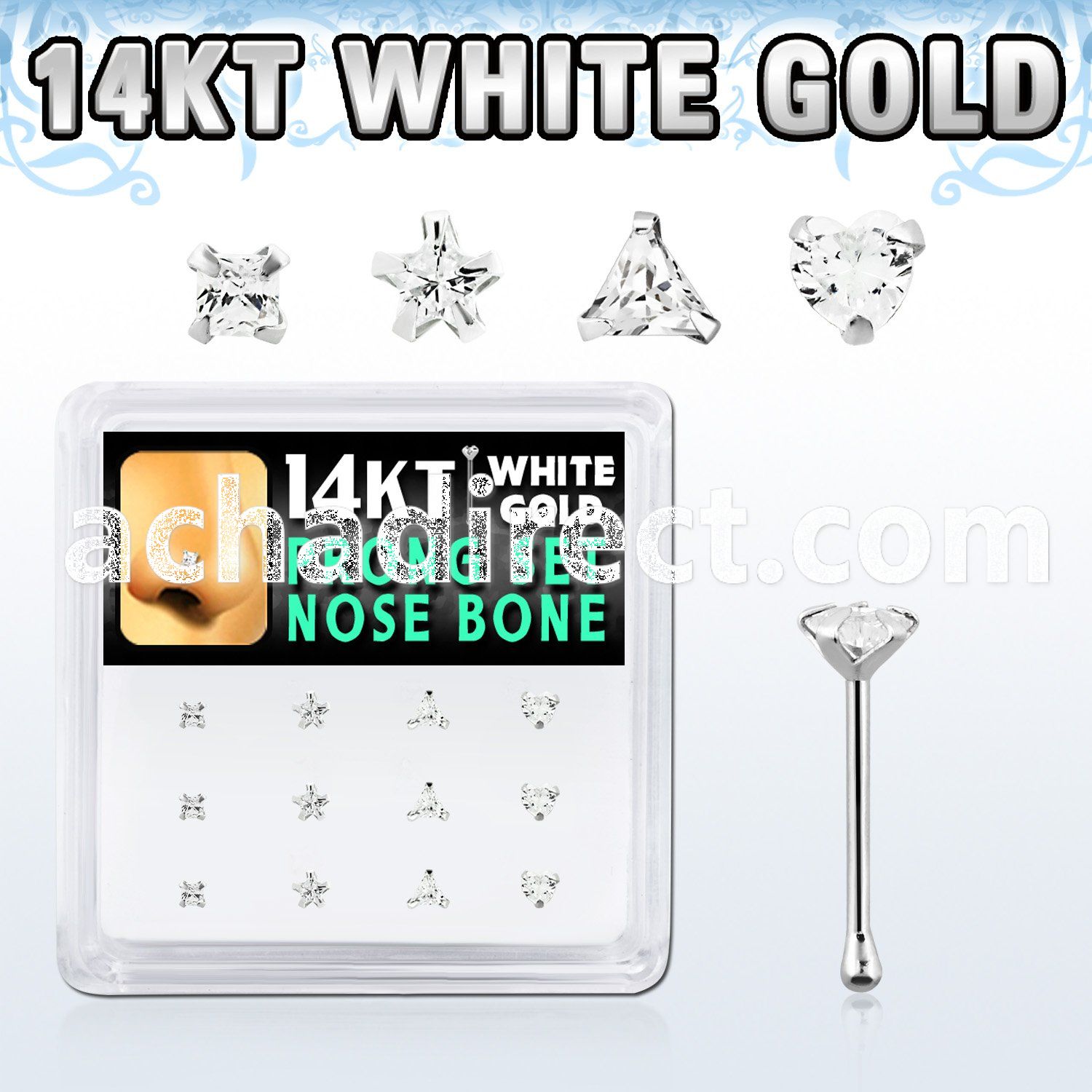 box w 12 white gold nose bones w mix shaped prong set cz