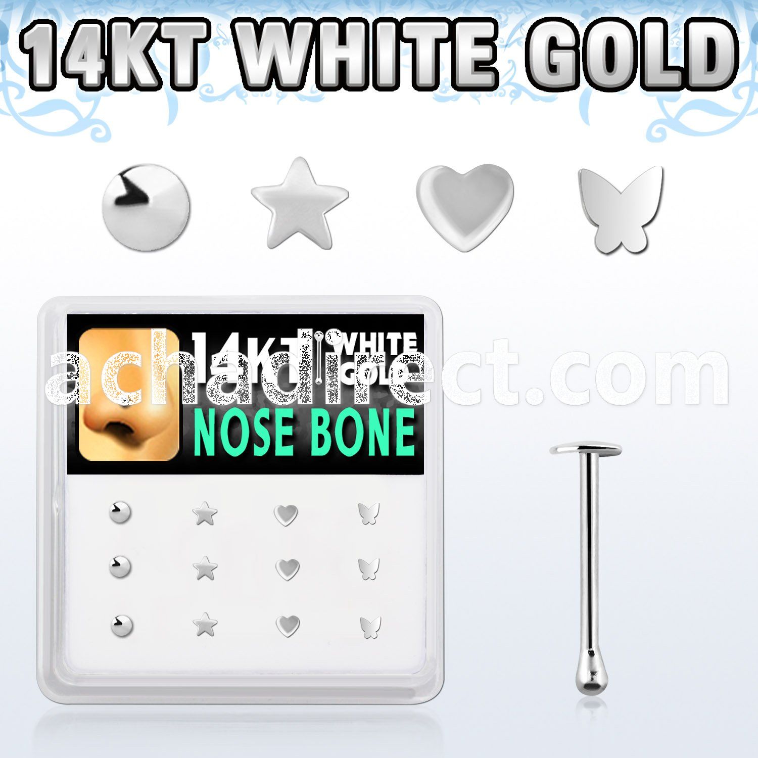 box w 12 white gold nose bones w mixed shaped tops