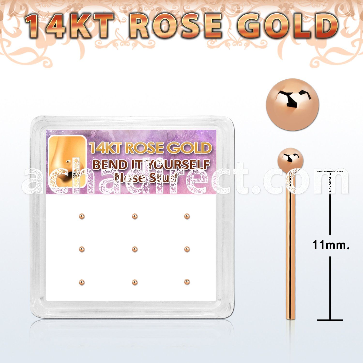 box w 14kt rose gold nose bend it nose stud w 1.5mm ball