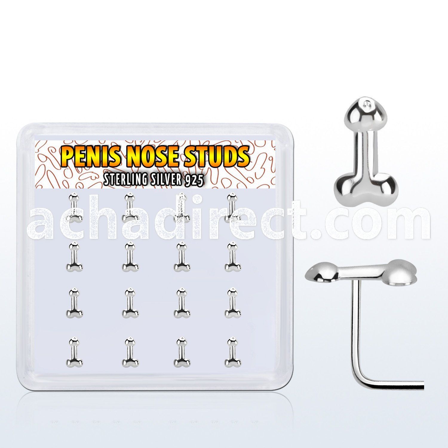 box w 16 pcs. silver nose studs, 22g w penis shape top