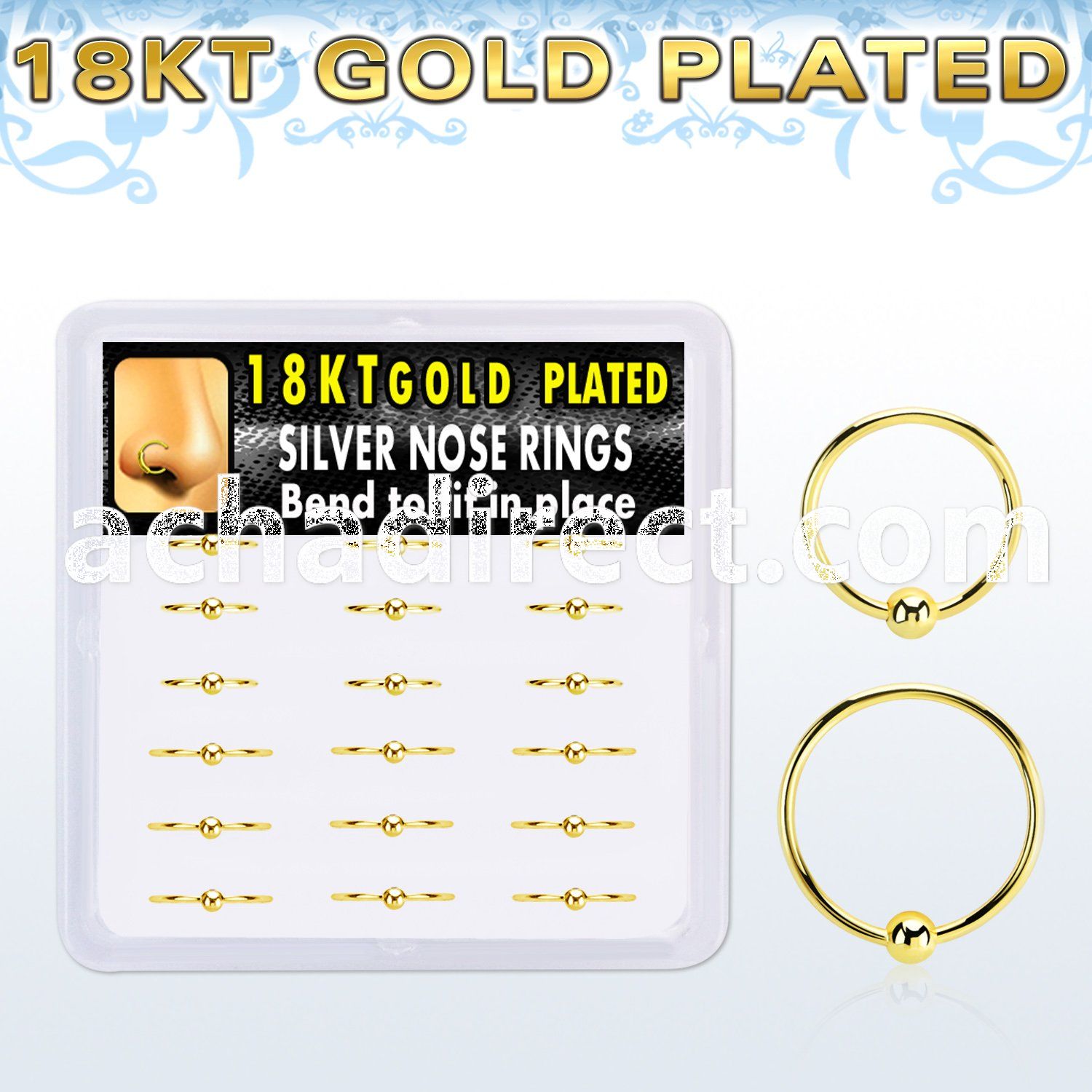 box w 18 of gold plated silver nose hoops w a single ball