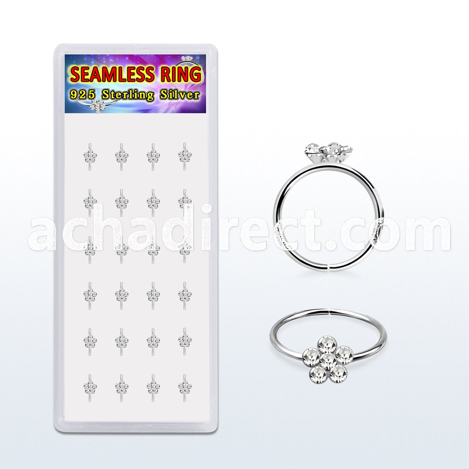 box w 24 silver seamless nose hoop w clear crystal flower