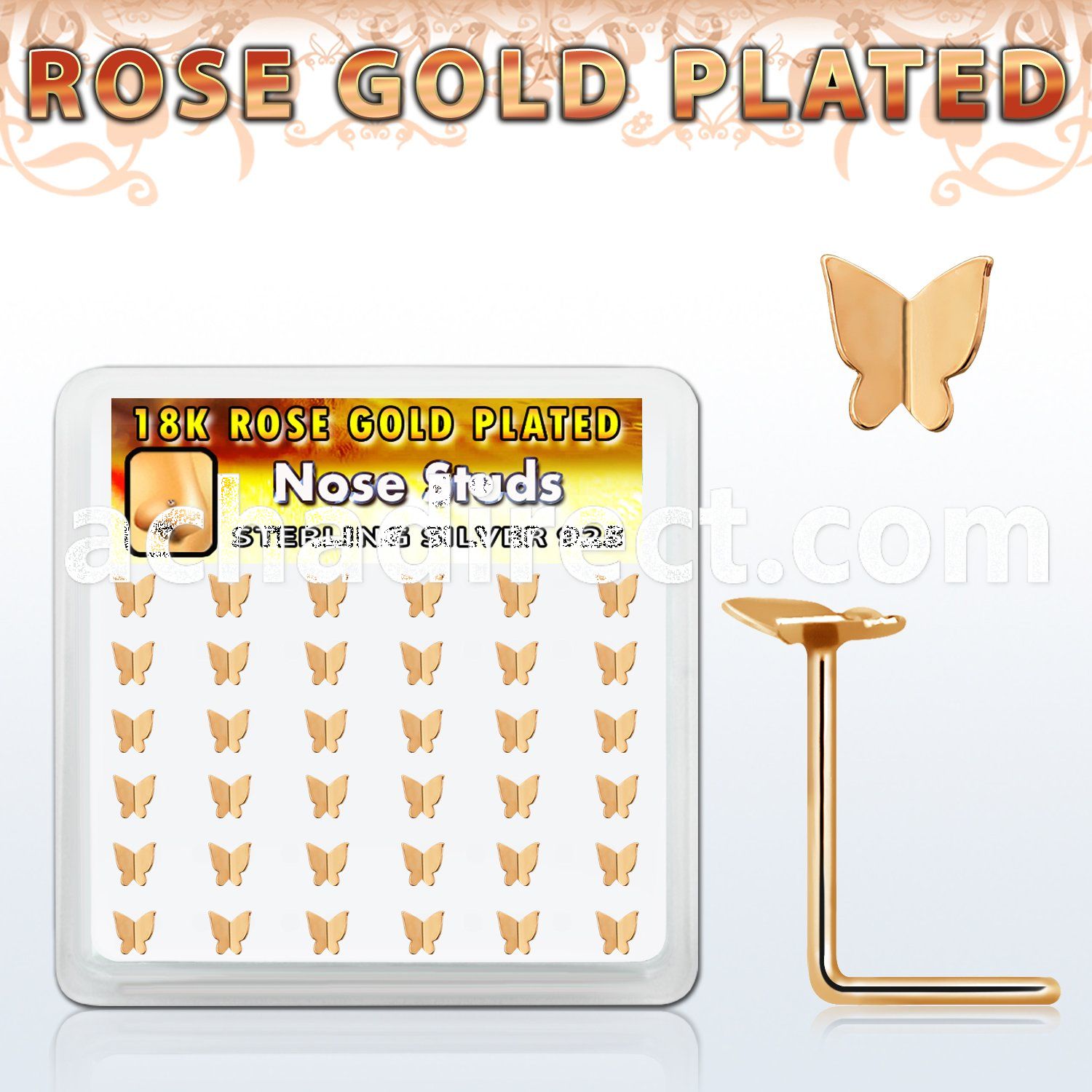 box w 36 rose gold plated silver nose studs w butterfly