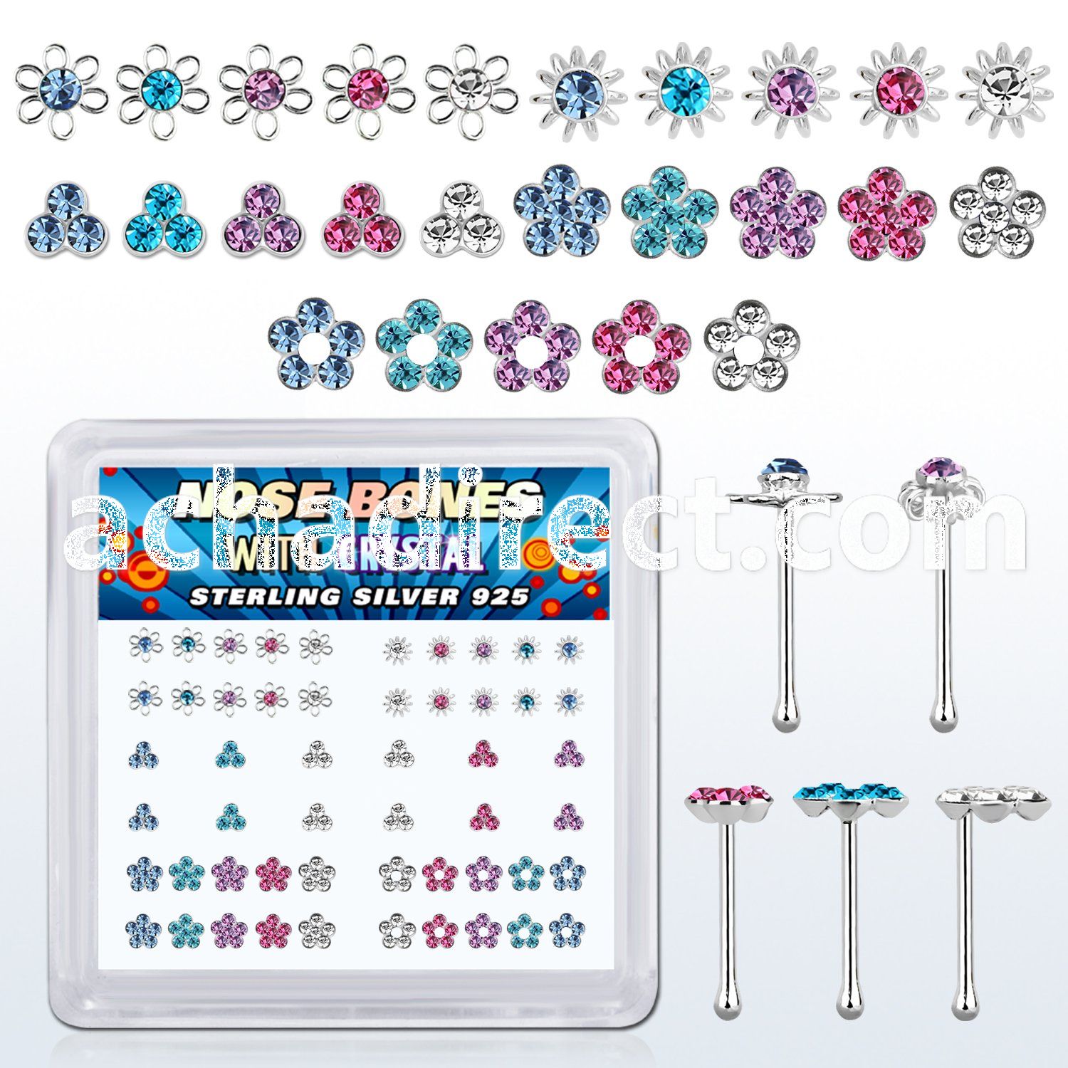 box w 52 silver nose bones w flower crystal tops